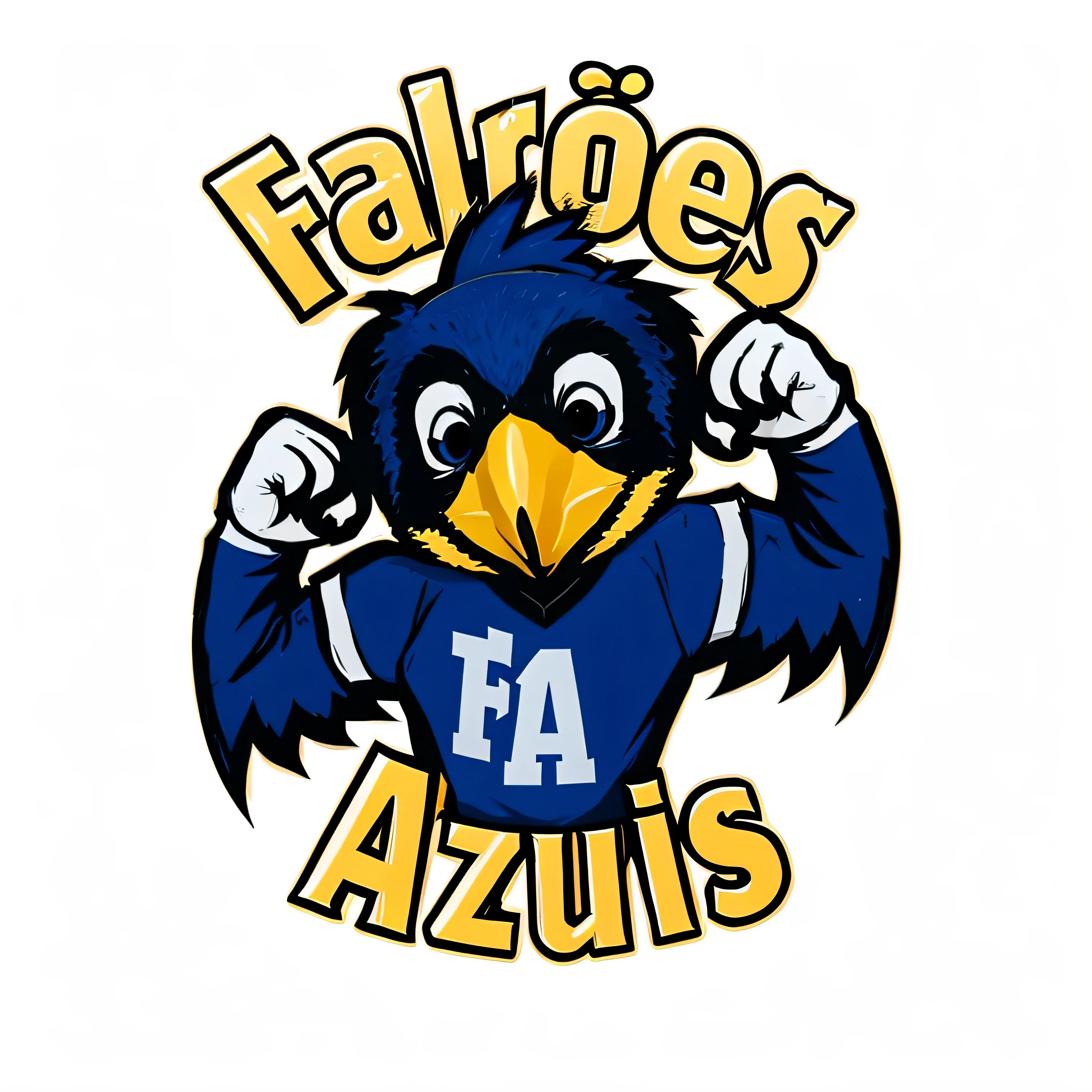 a close-up of a bird with a blue shirt and a yellow beak, by Felix Arauz, Falvie, azores, by Maties Palau Ferré, mascote do time esportivo, inspired by Maties Palau Ferré, eagle logo, por Francis Zuniga, blue arara, fa, Areuz, Razaras, fazer, logotipo esportivo, metal 
