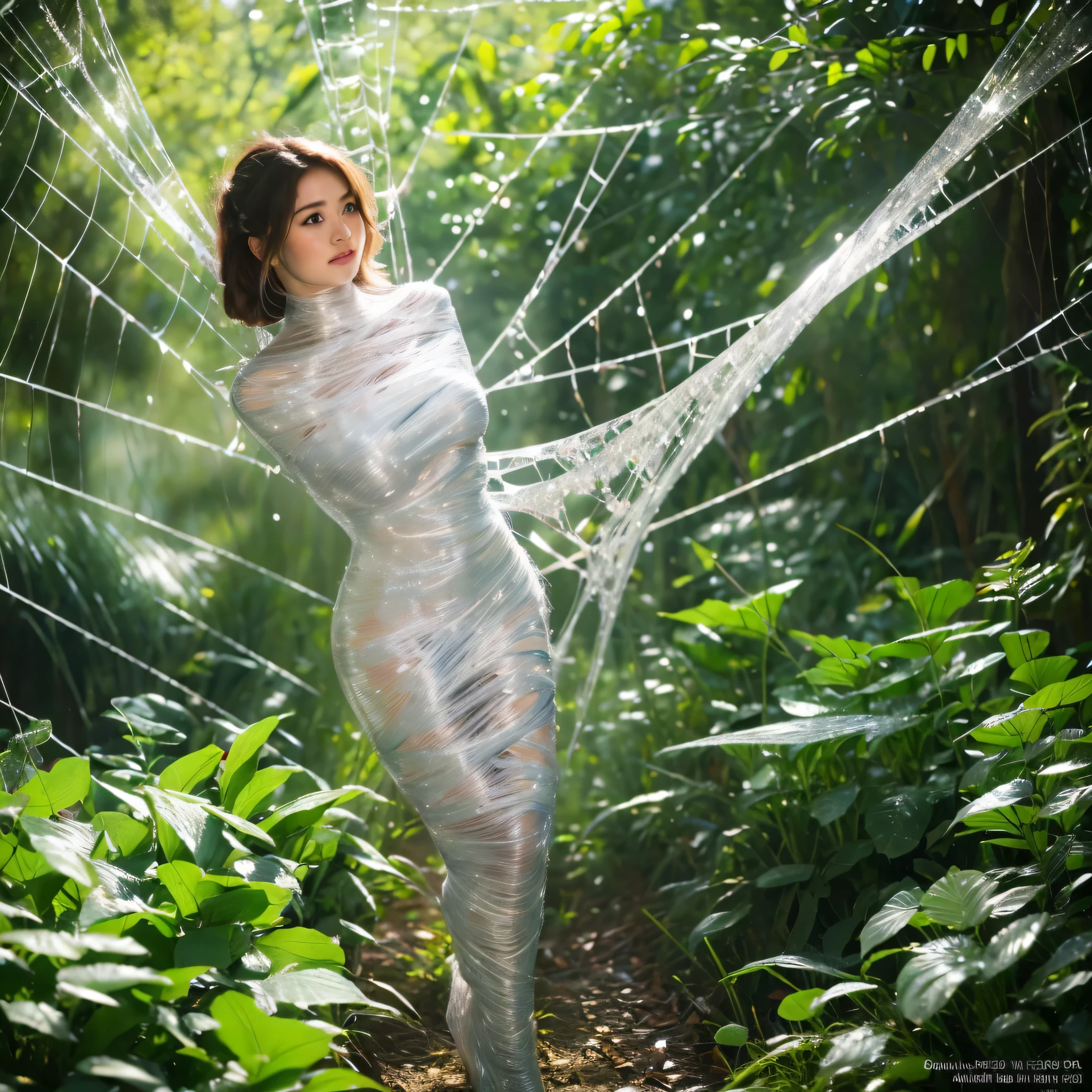 (a) fairy, beautiful,detailed wings, detailed dress, detailed face, (highres:1.2), (realistic:1.37)
medium: oil painting,spider web
(a) girl, trapped, hanging, (best quality, 8k, highres:1.2), (realistic, photo-realistic: 1.37)
spider web, dense, delicate, intricate
(garden) plants, flowers, vibrant colors
(light) soft, ethereal, sunlight filtering through the trees
(d) cobweb, sticky strands, shimmering
(cocoon) silk, translucent, wrapped tightly