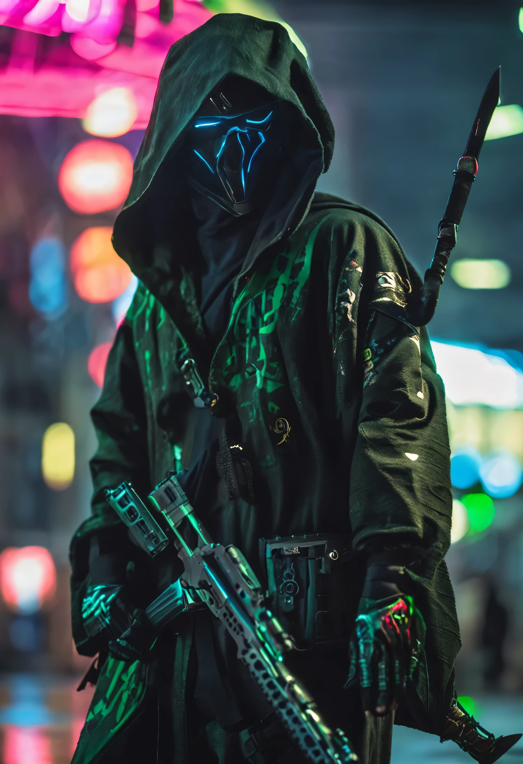 Black character in black and green kimono mask and hood with a katana on his waist realistic cyberpunk style 8k