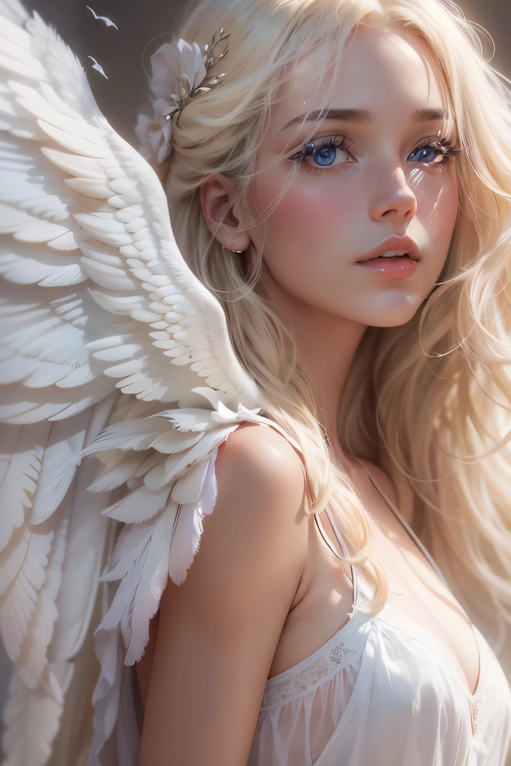 (best quality,4k,8k,highres,masterpiece:1.2),ultra-detailed,(realistic,photorealistic,photo-realistic:1.37),Angel Cosplay,Beautiful woman,blonde hair,plain background,elaborately designed wings,halo,ethereal and serene expression,delicate facial features,graceful pose,shimmering white dress flowing in the wind,pure white feathers,dreamy lighting,vivid colors,subtle highlights and shadows,soft and angelic atmosphere,portraits
