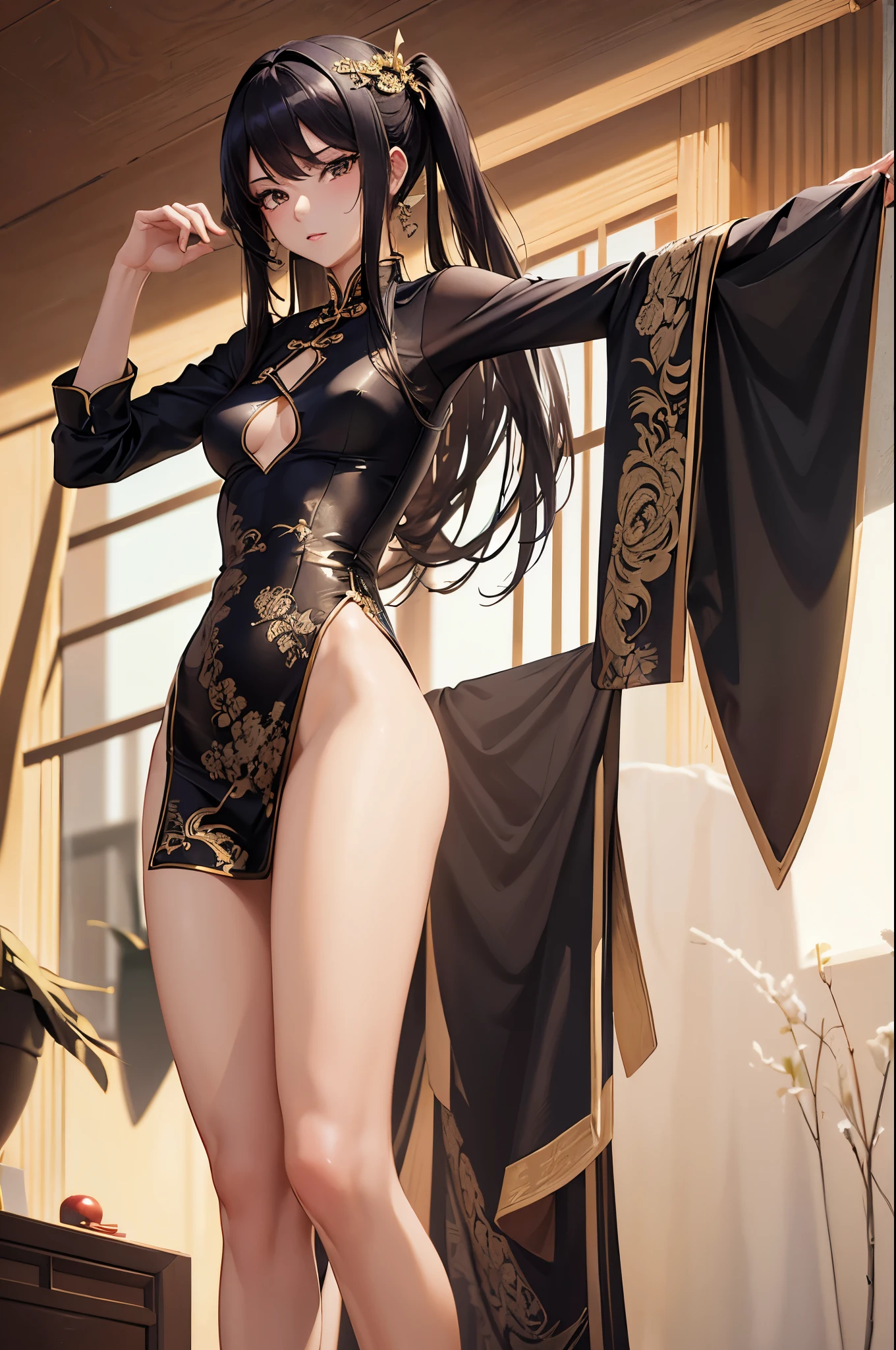 Anime style  , young girl chinesa ,  2girls,  very long black hair frinje traditional , twintails ,  green eyes , angry face, blush  , chinese dress dress with side slits ,side tie panties ,  flat chest,   pantie,  garterbelt  long socks. Kung-fu pose. Kick