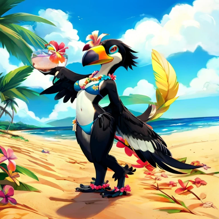Solo female, toucan, avian, bird, black feathers, blue bikini bottom, flower lei, holding coconut drink, beach, Hawaiian, tropical, palm trees in background