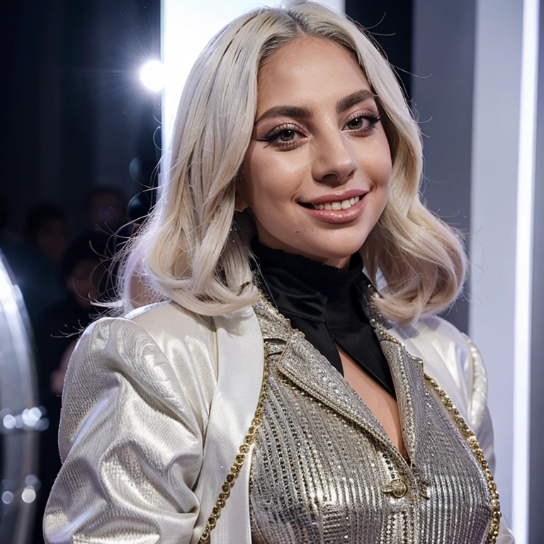 Lady Gaga dressed in light clothing smiling
