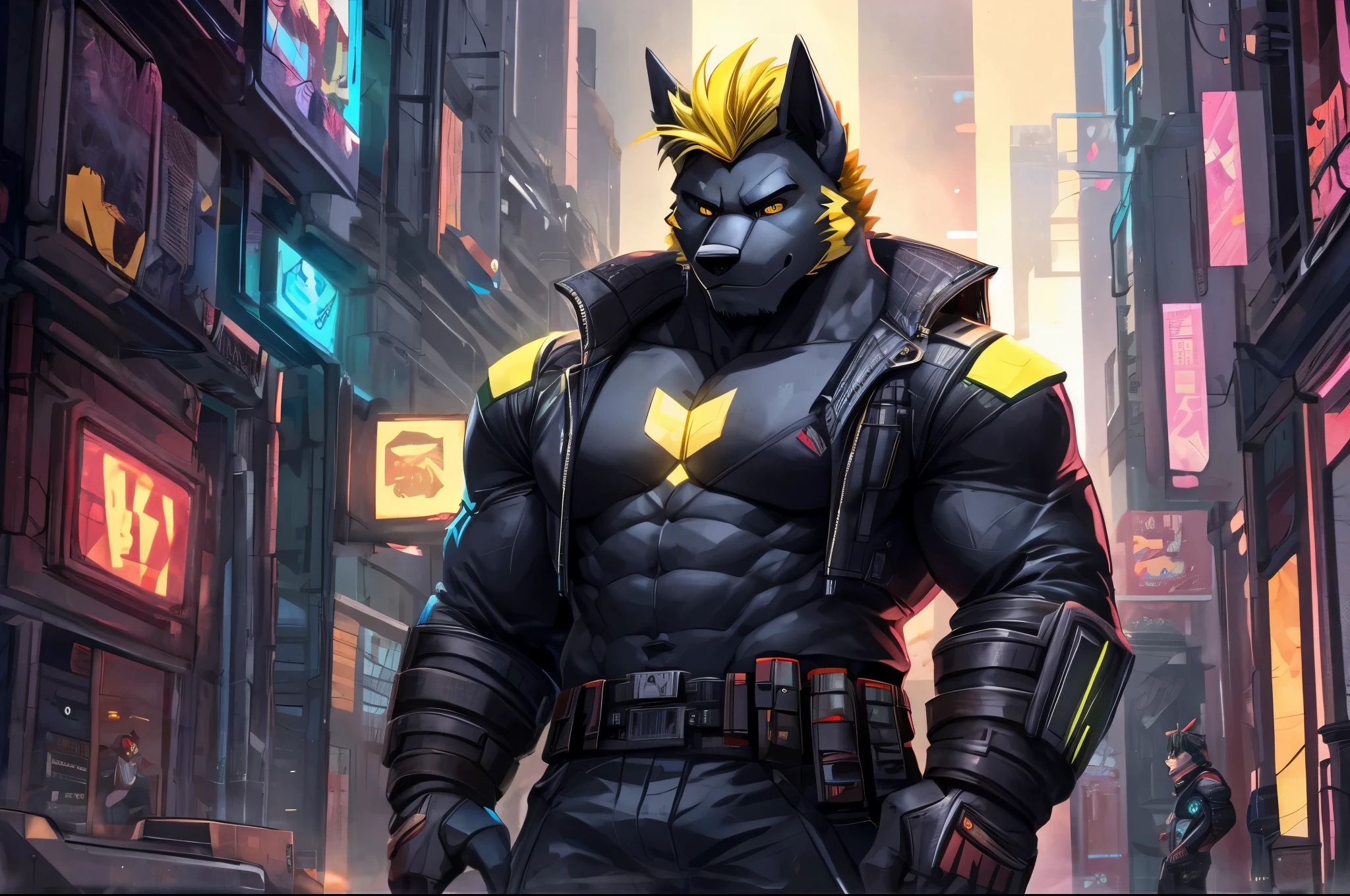 perfect face, bara furry, dog man, big body, black skin, short quiff yellow hair, yellow eyes, perfect eyes, big dog ears, handsome, cyberpunk, in city street