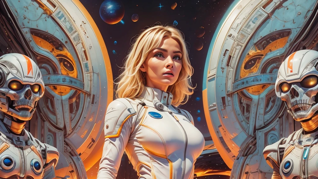 arafed image of a white woman in a futuristic suit with a spaceship in the background, movie art, in front of an orange background, inspired by Robert McGinnis, female protagonist, megastructure in the background, portrait of an ai astronaut, astronauts, an astronaut, portrait of a astronaut skeletor, perfect android girl, detailed eyes, perfectly detailed teeth, frank franzzeta and sakimichan