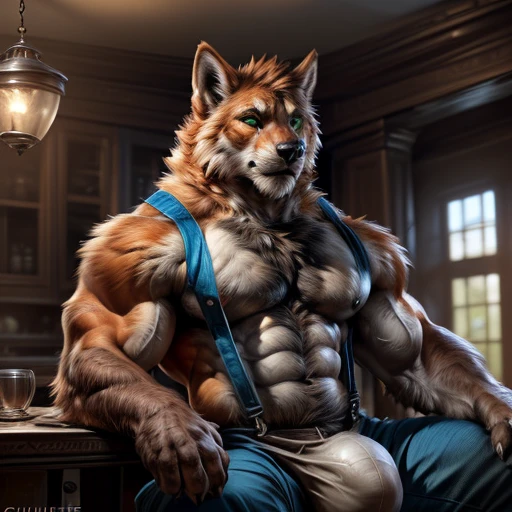 4k, high resolution, best quality, perfect colors, perfect shadows, perfect lighting, ((full bodyportrait)), posted on e621, furry body, solo, anthro orange werewolf, (monotone orange fur:1.3), male, black beard, white chest fur, adult, (heavily muscular, manly, brutal, masculine:1.4), green eyes, realistic eyes, hands on neck, suspenders, masculine, (muscular, dense build:1.4, muscular shoulders, massive pecs, massive bulge), living room background, correct anatomy, sitting in the dining room, green short pant, (photorealistic detailed fur, epic, masterpiece:1.2), (by Taran Fiddler, by Chunie, by Rukis, Bonifasko lighting), best posture, claws on hands, (photorealistic fur, detailed fur, epic, masterpiece:1.2), sexy shadows, (by echin, by Taran Fiddler, by takemoto arashi, by Traver009, by Juiceps), (detailed eyes:1.2), impressive physique, focus face, serious face, detailed eyes