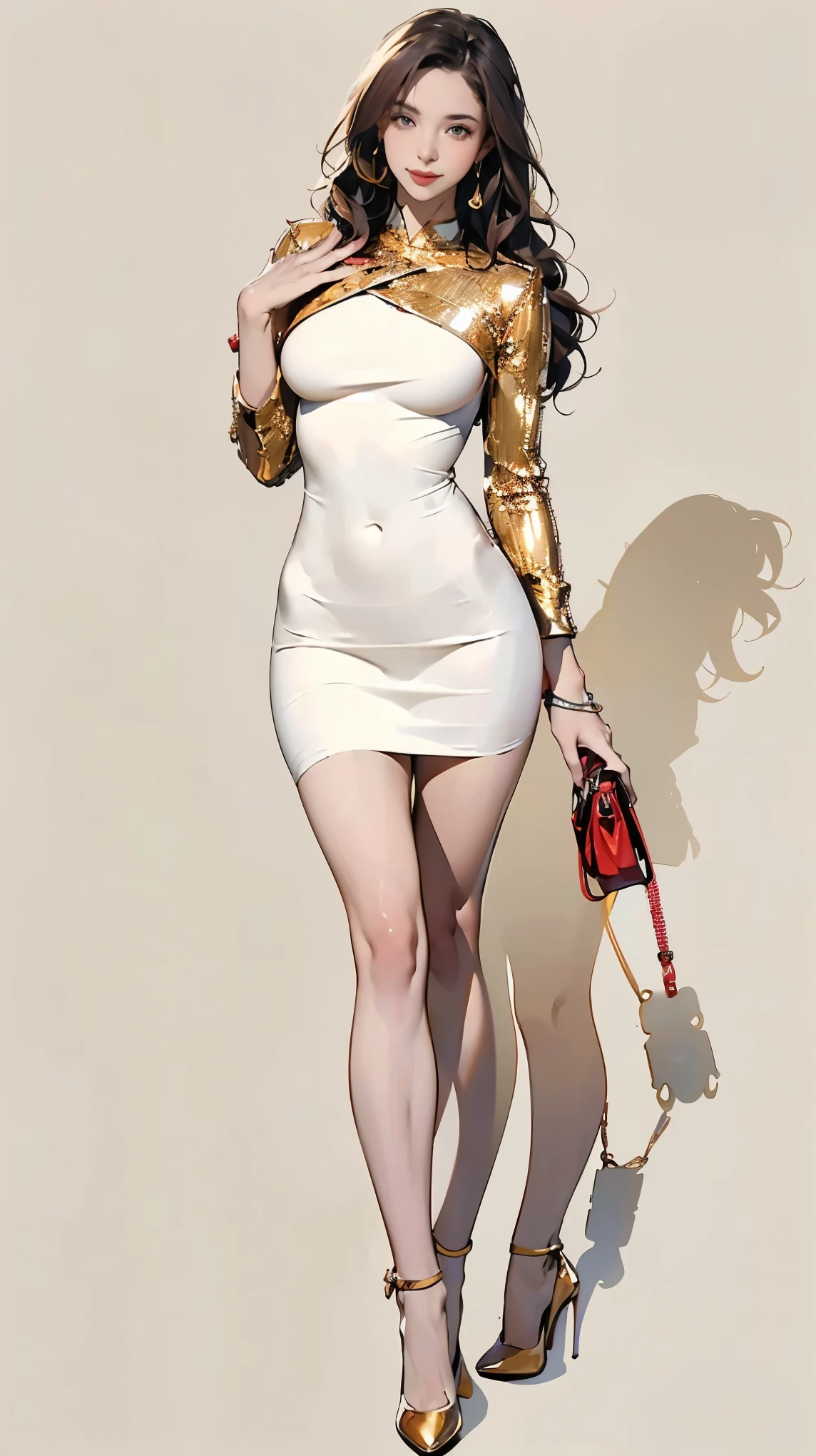 (Ultra-detailed, photorealistic, best quality, 4k,8k, highres, masterpiece:1.3), Featured is Li Hua, a graceful figure from Singapore, ((who embodies the essence of elegance and charm)), (((She boasts a slim stature, standing at 1.67 meters and weighing around 55 kilograms, epitomizing the fashion model-like beauty))), (Her hair is long, wavy chestnut), (Her eyes are striking and green, thanks to contact lenses), ((and a toned physique with a defined waistline and slender, shapely legs)), accentuated by her active lifestyle, (((She is wearing a Balmain Mini Sequin-Embellished Dress, paired with Christian Louboutin 'So Kate' Pointy Toe Pumps))), She accessorizes with a Cartier Love Bracelet in Yellow Gold, and carries an Hermes Kelly Mini II Bag in Rouge Casaque Epsom Leather, (exceptionally detailed:1.3),, super finely detailed hands, ultra finely detailed fingers(((ten fingers))), (posing elegantly), (full body showcase), (show full body), (no logos in the background), (no logo), ((**modern, eco-friendly home background)).
