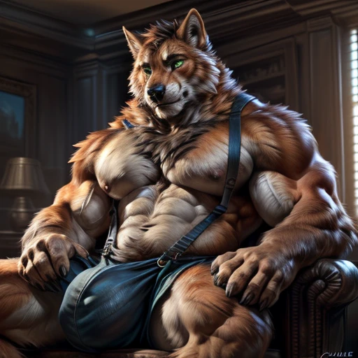 4k, high resolution, best quality, perfect colors, perfect shadows, perfect lighting, ((full bodyportrait)), posted on e621, furry body, solo, anthro orange werewolf, (monotone orange fur:1.3), male, black beard, white chest fur, adult, (heavily muscular, manly, brutal, masculine:1.4), green eyes, realistic eyes, hands on neck, suspenders, masculine, (muscular, dense build:1.4, muscular shoulders, massive lactation pecs, massive bulge), living room background, correct anatomy, sitting in the dining room, green short pant, (photorealistic detailed fur, epic, masterpiece:1.2), (by Taran Fiddler, by Chunie, by Rukis, Bonifasko lighting), best posture, claws on hands, (photorealistic fur, detailed fur, epic, masterpiece:1.2), sexy shadows, (by echin, by Taran Fiddler, by takemoto arashi, by Traver009, by Juiceps), (detailed eyes:1.2), impressive physique, focus face, serious face, detailed eyes