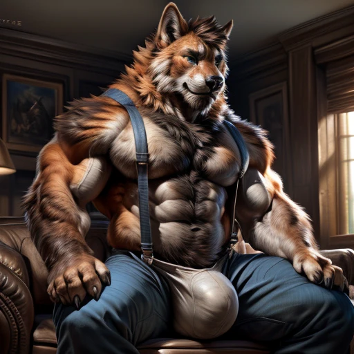 4k, high resolution, best quality, perfect colors, perfect shadows, perfect lighting, ((full bodyportrait)), posted on e621, furry body, solo, anthro orange werewolf, (monotone orange fur:1.3), male, black beard, white chest fur, adult, (heavily muscular, manly, brutal, masculine:1.4), green eyes, realistic eyes, hands on neck, suspenders, masculine, (muscular, dense build:1.4, muscular shoulders, massive lactation pecs, massive bulge), living room background, correct anatomy, sitting in the dining room, green short pant, (photorealistic detailed fur, epic, masterpiece:1.2), (by Taran Fiddler, by Chunie, by Rukis, Bonifasko lighting), best posture, claws on hands, (photorealistic fur, detailed fur, epic, masterpiece:1.2), sexy shadows, (by echin, by Taran Fiddler, by takemoto arashi, by Traver009, by Juiceps), (detailed eyes:1.2), impressive physique, focus face, serious face, detailed eyes