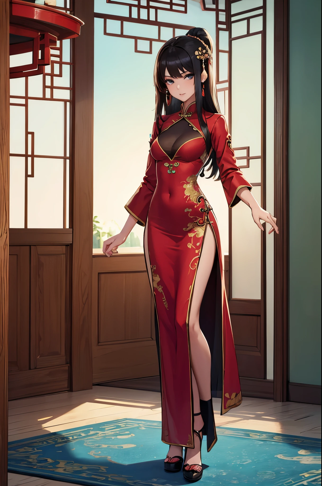 a sexy woman, (best quality), (masterpiece), (1girl), slim, anime, tall, (flat chested), (chinese dress), (protrait), (full body view)
