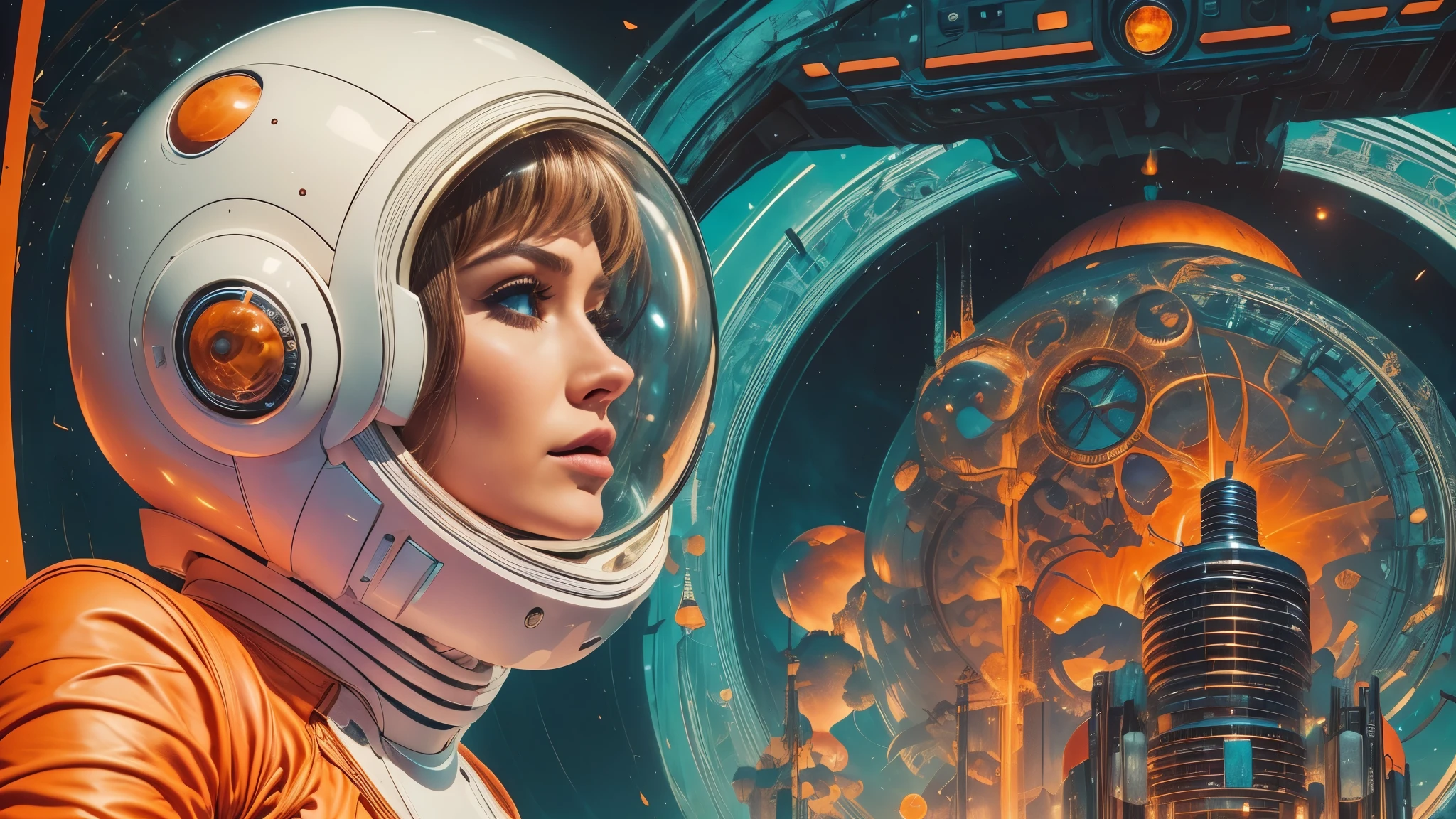 arafed image of a white woman in a futuristic suit with a spaceship in the background, movie art, in front of an orange background, inspired by Robert McGinnis, female protagonist, megastructure in the background, portrait of an ai astronaut, astronauts, an astronaut, portrait of a astronaut skeletor, perfect android girl, detailed eyes, perfectly detailed teeth, frank franzzeta and sakimichan