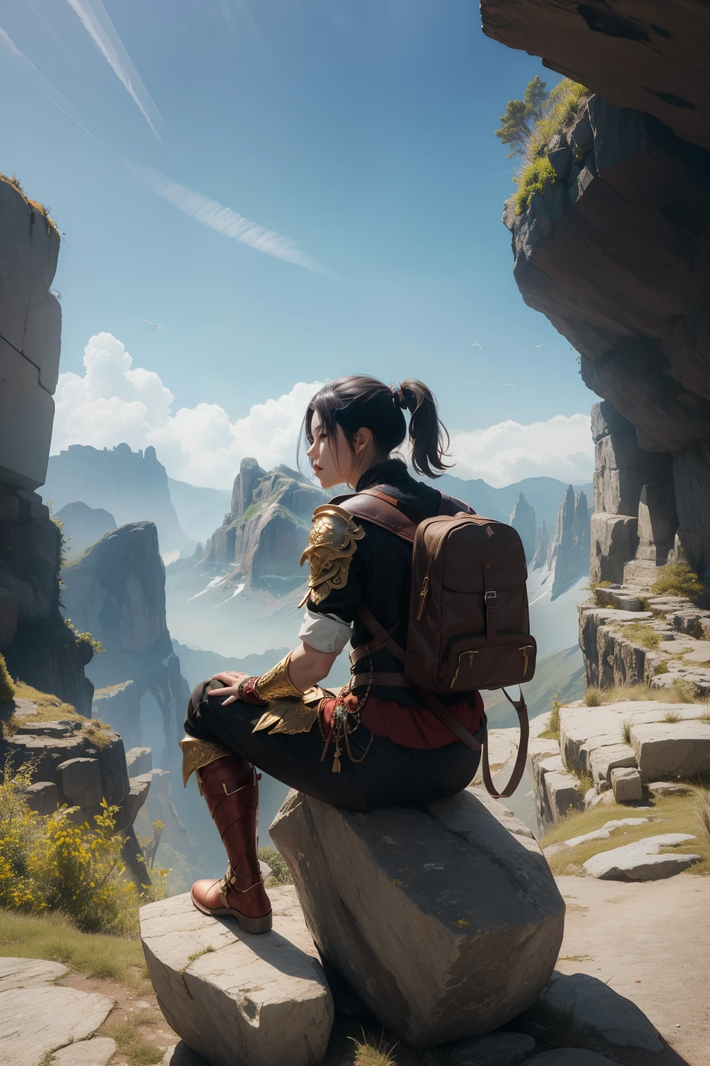 Warrior sitting on rock, back turned at us, looking at the fantasy world in front of him ((best quality)), ((masterpiece)), (detailed),