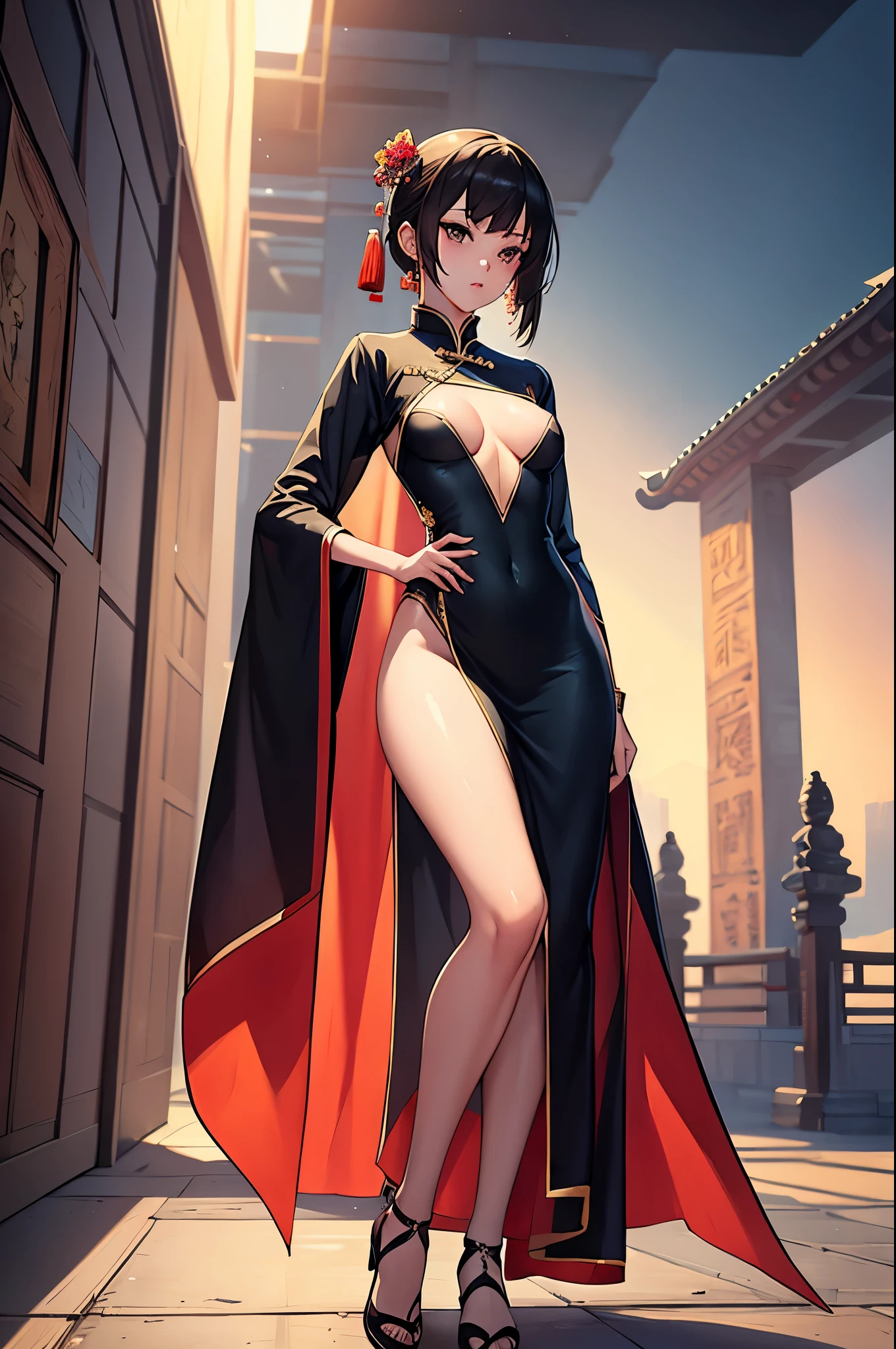 a sexy woman, (best quality), (masterpiece), (1girl), slim, anime, tall, (flat chested), (chinese dress), (protrait), (full body view)