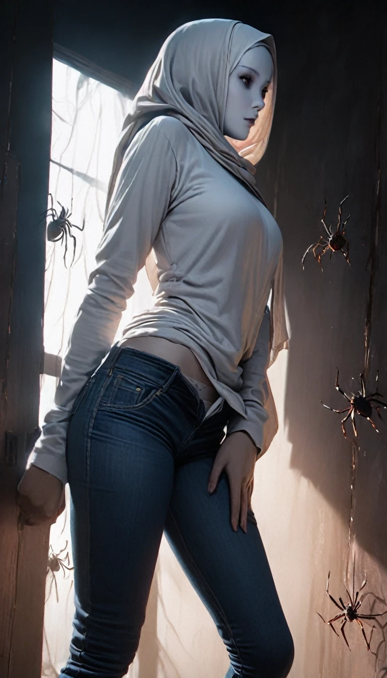 A woman trapped at the cemetery, trapped by spiders, wearing hijab, white shirt, pull down her sagging jeans, beautiful face, detail, photorealistic, 8K. High quality, ultra detail, cinematic color, dramatic lighting, panties accidentally exposed, view from behind 