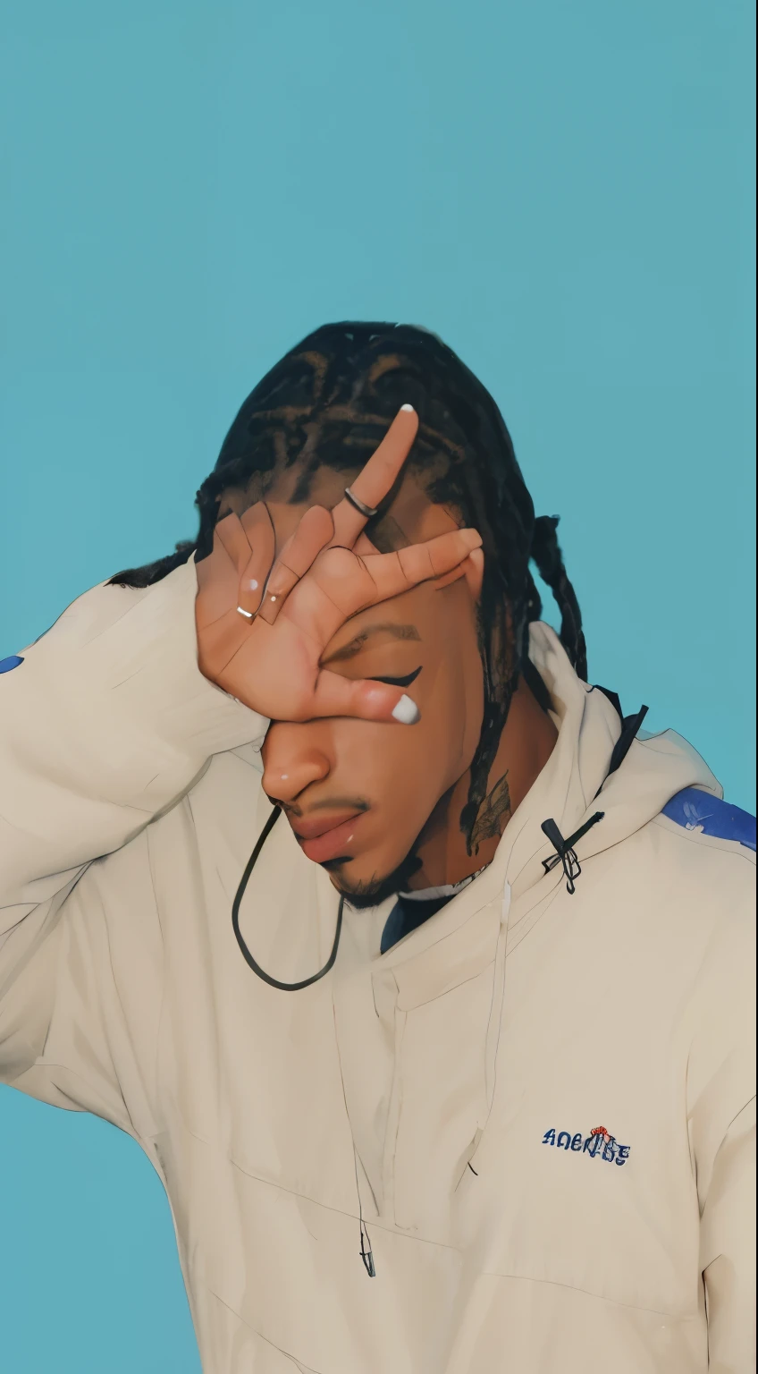 there is a man with dreadlocks covering his eyes, taken in the mid 2000s, taken in the late 2000s, taken in the 2000s, photo shoot, distorted pose, travis scott, very very low quality picture, complex!!, alternate album cover, holding his hands up to his face, xxxtentacion anime