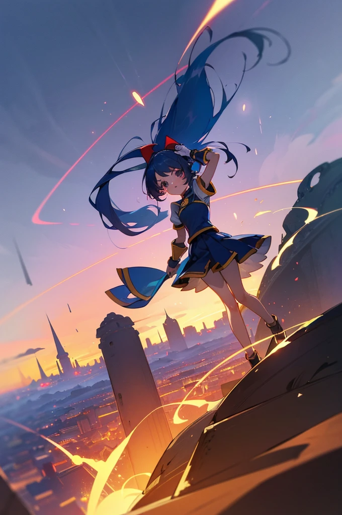 （（Arle Nadja from Puyo Puyo Tsu））、She is wearing light armor、She is wearing a skirt、She has a ponytail、She is standing with her legs spread out、She has magic、Red particle effect、Please enjoy the view of the plateau and towers in the background.、highest quality、High-end quality、Very detailed、Draw a shadow、Full body cut、isometric３D、Octane Rendering、My bangs are blown up by the wind、A vibrant picture
