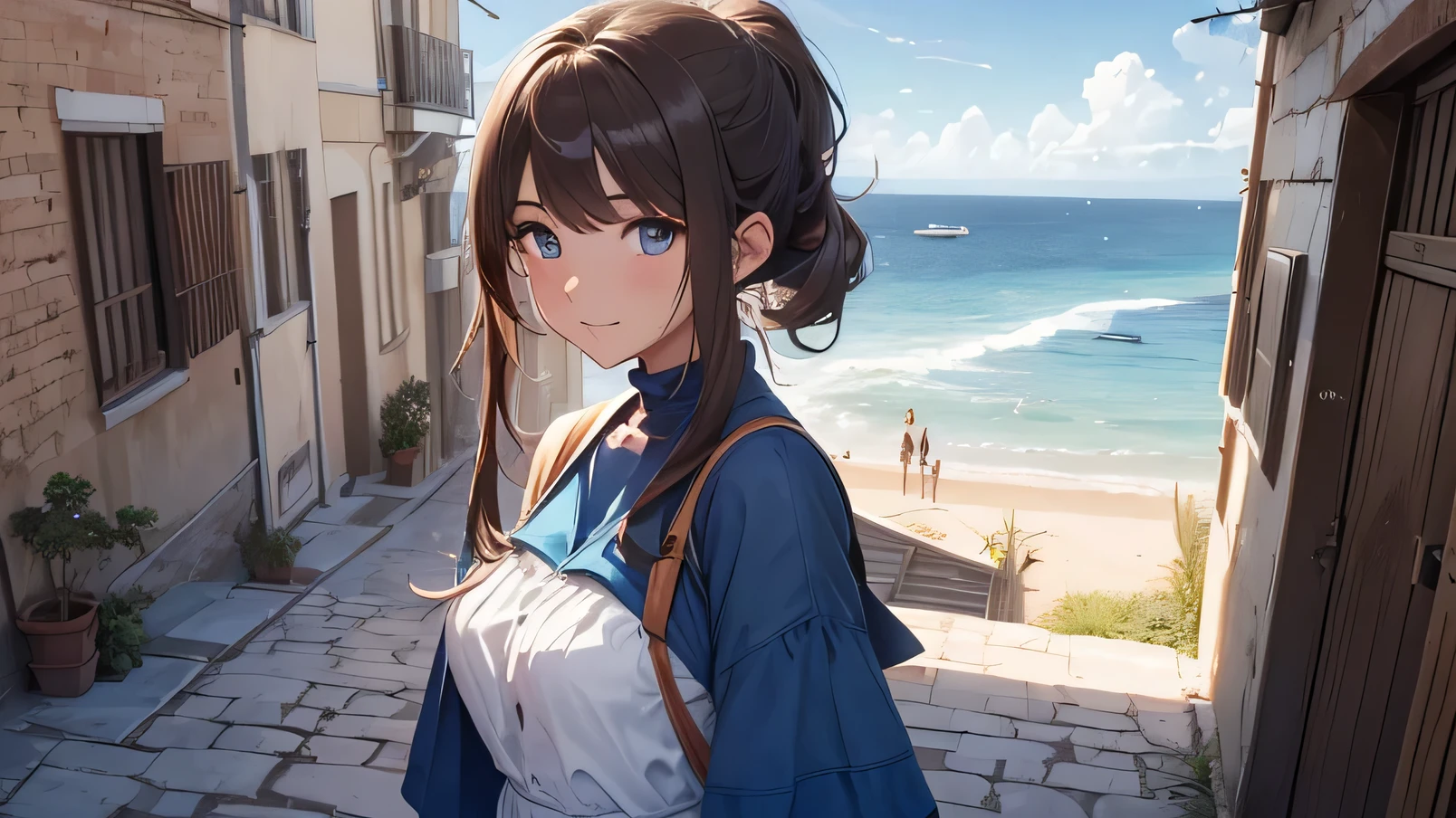 (8k, RAW foto, mejor calidad, (Obra maestra, super high quality, super detailed), anime style paisaje, chica joven, Absoluto, velas escarlatas, girl looking at the sea from the coast, camera looking at the sea, detalles intrincados, sailing ship with velas escarlatas, Una escena de una novela de Alexander Greene. "velas escarlatas" imagen de medio cuerpo, A beautiful women posing for a photograph in an alley, brown ponytail, golpes, risa feliz, blue eyes, Cuerpo magro musculoso, perfect anatomy, Looking to the camera, Time of the day, cielo azul, estilo animado, al aire libre, tendencia en artstation, Oh!, sakimichan muy sensual, con ropa original cuerpo entero, muy realista, extremadamente realista, extremadamente sexy, 8k, 8k extremadamente detallado), (un extremadamente delicado y hermoso), (obra maestra), (mejor calidad: 1.0), (ultra high resolution:1.0)