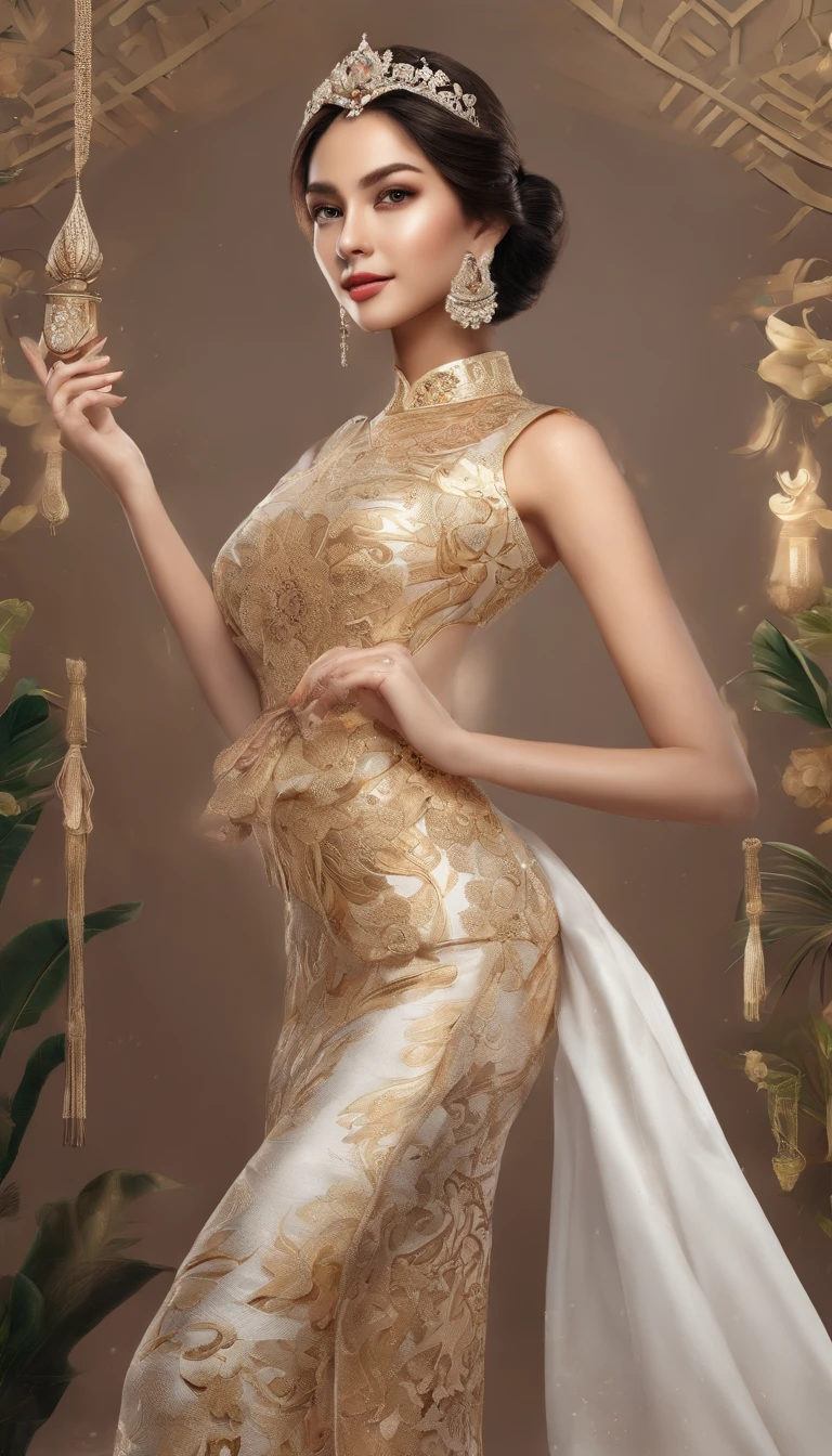 Realistic, Ultra detailed hd 8k, myth, argent, kebaya, Scroll, batik, sleeveless, treasure, universe, facing the camera, smile, 19 year old girl, beautiful girl, curvy fat girl, indonesian model, healthy white skin, delicate eyes, bun hair, ethnic earrings, gold tiara, full body photo, (hot body:1.2), (slim waist:1.2), product photo shoot, holding a small beauty serum