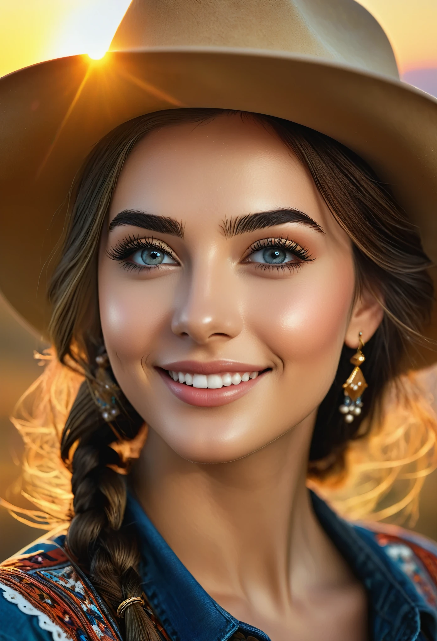 (best quality,4k,8k,highres,masterpiece:1.2), ultra-detailed, (realistic,photorealistic,photo-realistic:1.37), Western attire, 24-year-old girl, happy expression, extremely detailed eyes and face, long eyelashes, vibrant colors, beautiful sunset lighting, portrait