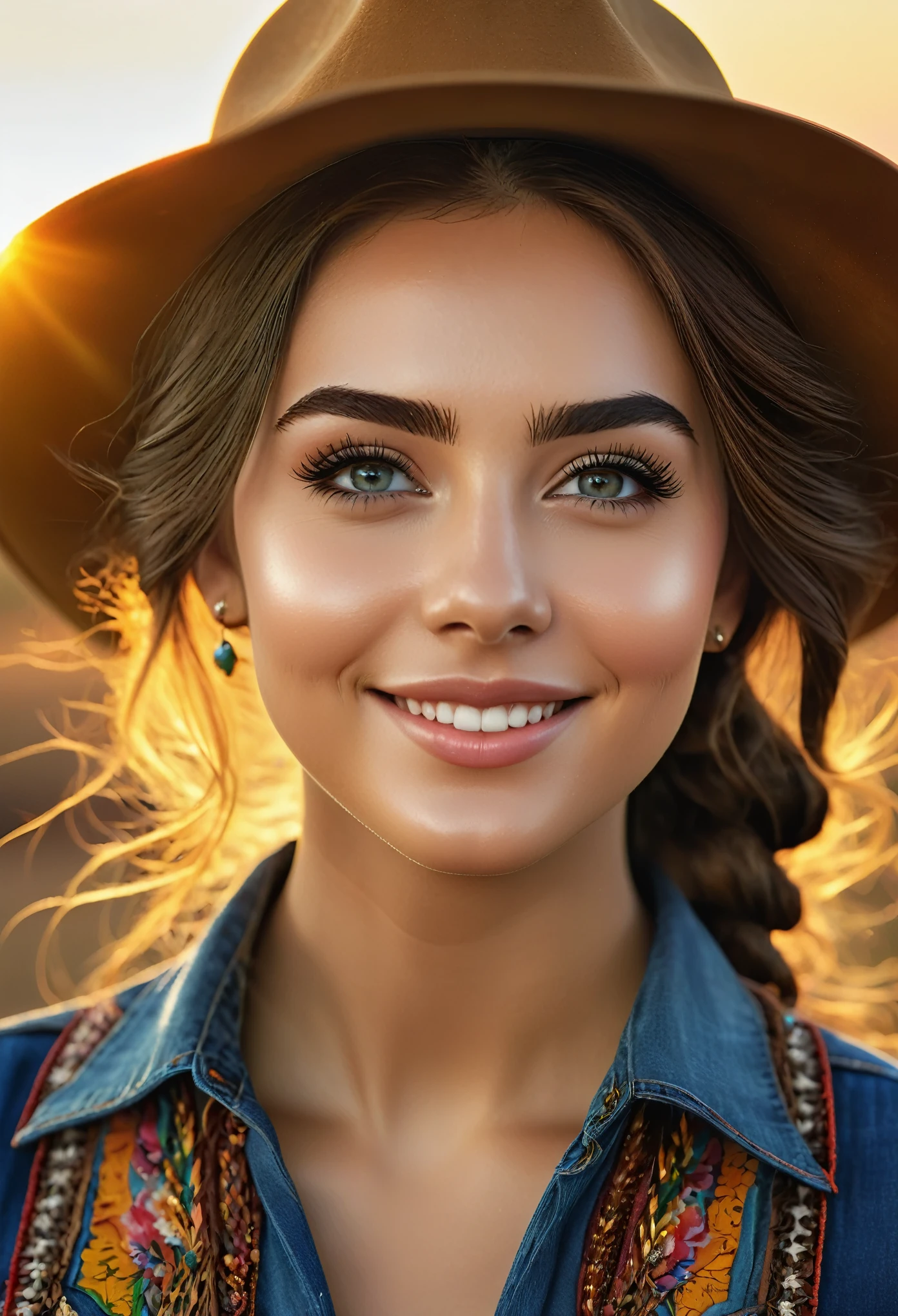 (best quality,4k,8k,highres,masterpiece:1.2), ultra-detailed, (realistic,photorealistic,photo-realistic:1.37), Western attire, 24-year-old girl, happy expression, extremely detailed eyes and face, long eyelashes, vibrant colors, beautiful sunset lighting, portrait