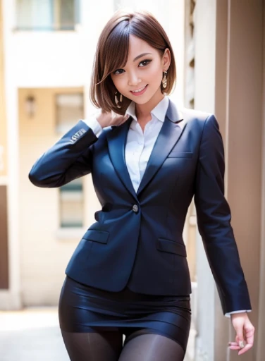 (8k, highest quality, masterpiece:1.2), (Realistic, Realistic:1.37), Super detailed, 1 girl, whole body, Outdoor, (Adjusted Hair:1.5) office lady, black office blazer, Office Skirt, (pantyhose: 1.2), (Short Button Down Shirt: 1.2), button up collar prim, button down collar prim, good, (pantyhose: 1.2), Alpha Layer, High heels, Beautiful earrings, cute, alone, Beautifully detailed skies, (smile: 1.15), (Mouth closed), Small breasts, Beautiful fine details, business suit, (short hair: 1.2), Floating Hair NovaFrogStyle,