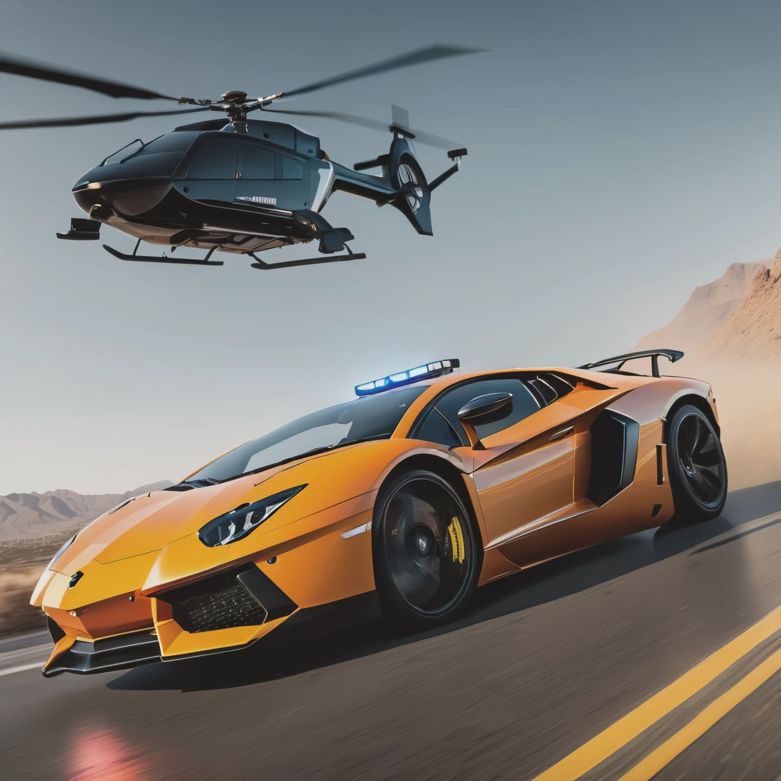 high speed chase of a lamboghini aventador racer and against cop cars and a helicopter cop in the sky , (detailed stunning environment), cinematic, cover art, (low front angle), intricate, highly detailed, smooth, sharp focus, cinematic lighting, atmospheric, photoreal, 8k, Canon EF 200-400mm f/4L IS USM Extender 1. 4x Lens, stan Winston studio