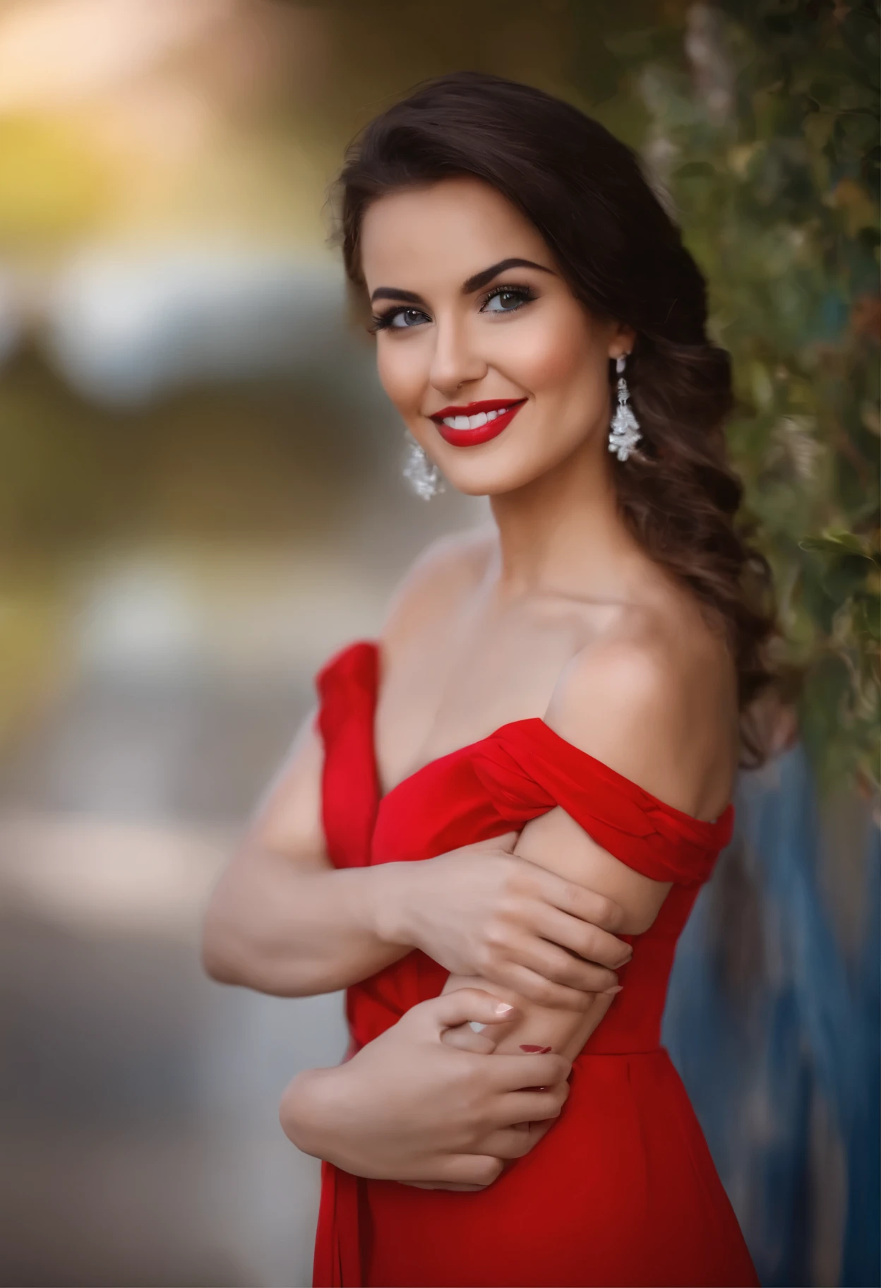 Jeune femme, brune de 30 ans, Heeled shoes, robe rouge, yeux bleues, souriante,