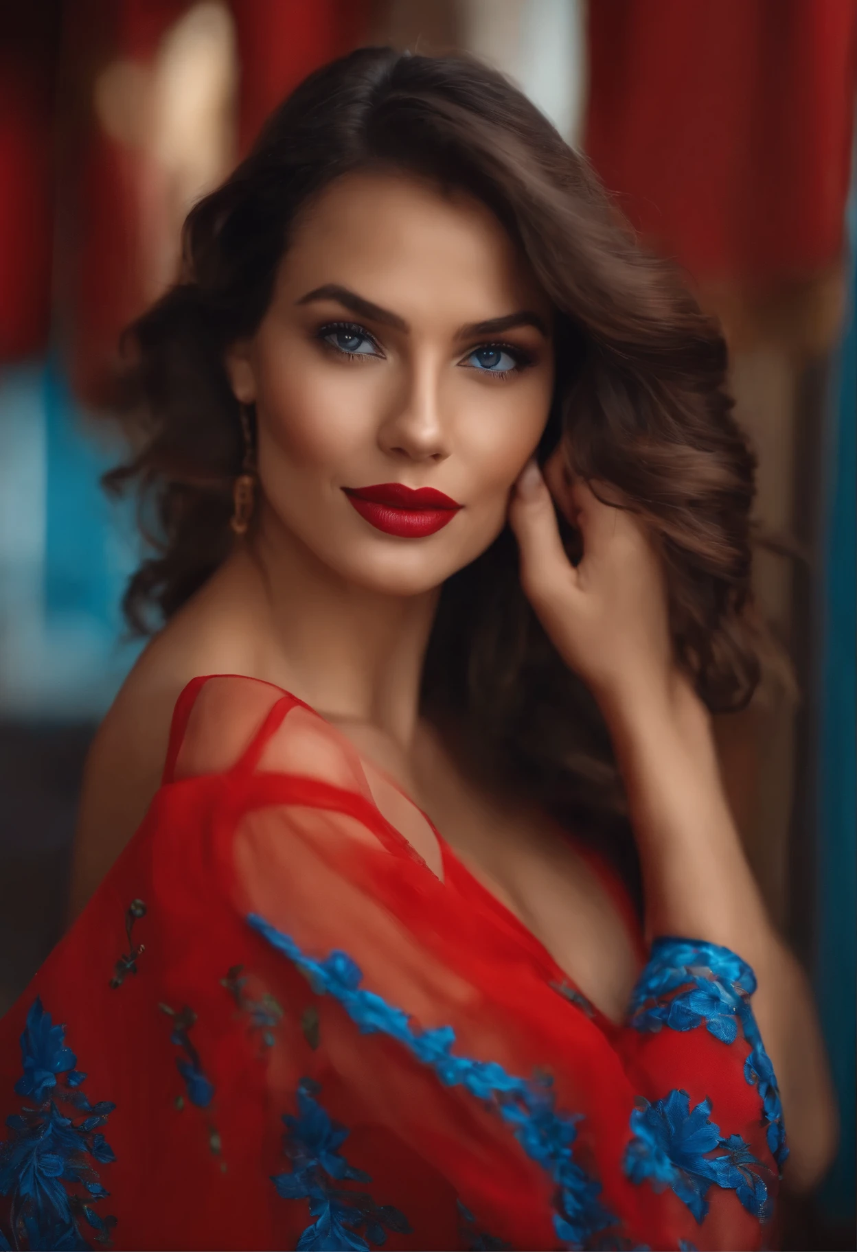 Jeune femme, brune de 30 ans, Heeled shoes, robe rouge, yeux bleues, souriante,