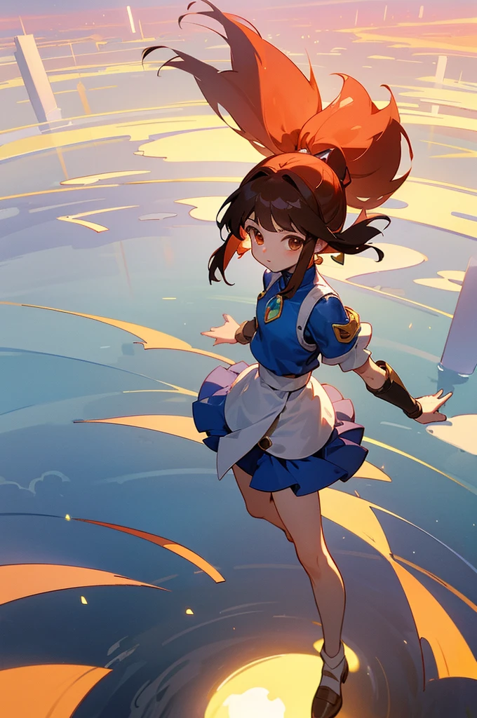 （（Arle Nadja from Puyo Puyo Tsu））、Her paper is brown、She wears light armor on her upper body.、She is wearing a skirt on her lower body.、She has a ponytail、She is standing with her legs spread out、She has magic、Red particle effect、Please enjoy the view of the plateau and towers in the background.、highest quality、High-end quality、Very detailed、Draw a shadow、Full body cut、isometric３D、Octane Rendering、My bangs are blown up by the wind、A vibrant picture
