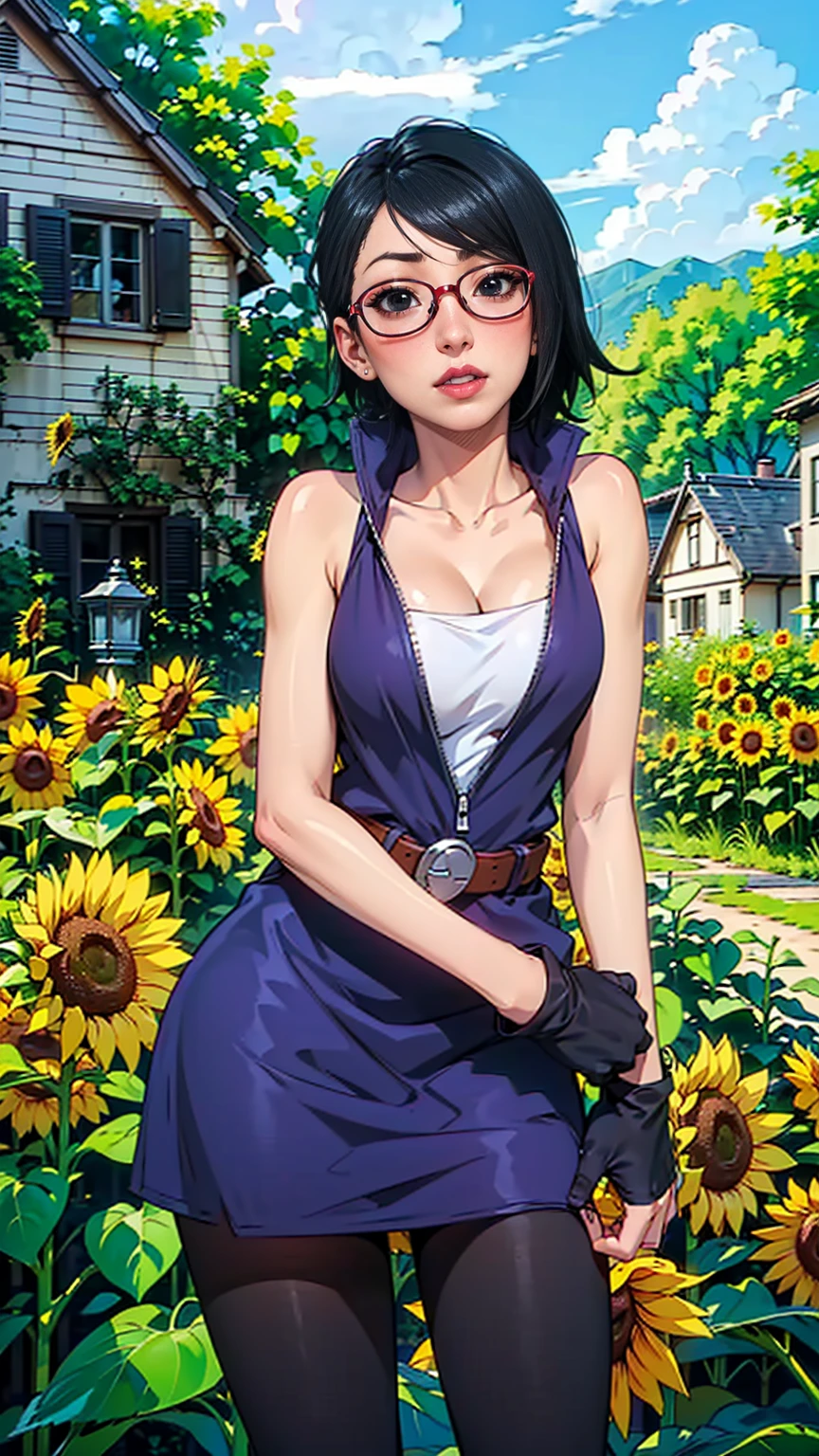 (1girl, Alone, alone), (WakatsukiRisa, Sarada uchiha, black hair, short hair, Black eyes, red glasses), ((Alone, (1woman, pink lipstick, Black eyes), extremely detailed , Soft ambient lighting, 4K, perfect eyes, a perfect face, Perfect Lighting, the 1 girl)), ((fitness, , shapely body, athletic body, toned body)) , ((purple dress, black tights, black bracelets, black gloves, white top, sunflower garden, village, houses, trees, black belt, buckle belt, shy, blushing, busty))