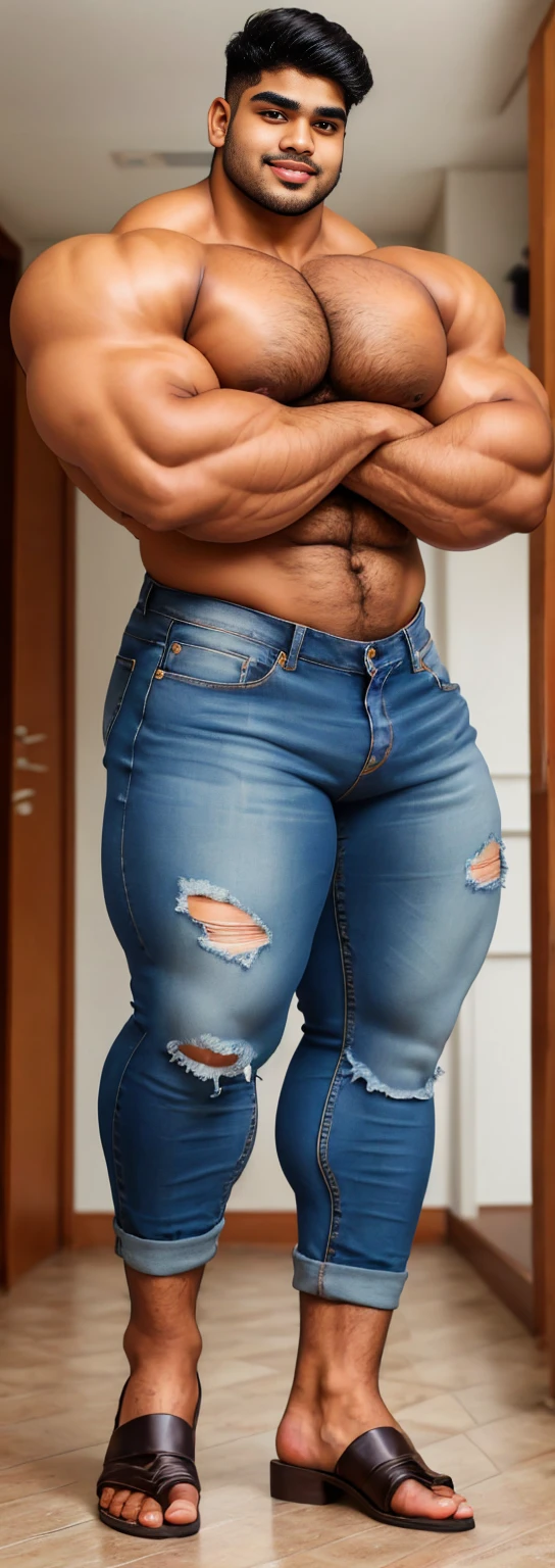 4 meter tall slightly overweight indian man. 21 years old. Young face with goatee chin. Very sexy Posing for camera. Muscular. Wearing a lycra dress shirt and torn jeans. Big ass. Very developed long and thick legs. One person only. Even bigger legs. Long legs. Tattoo.