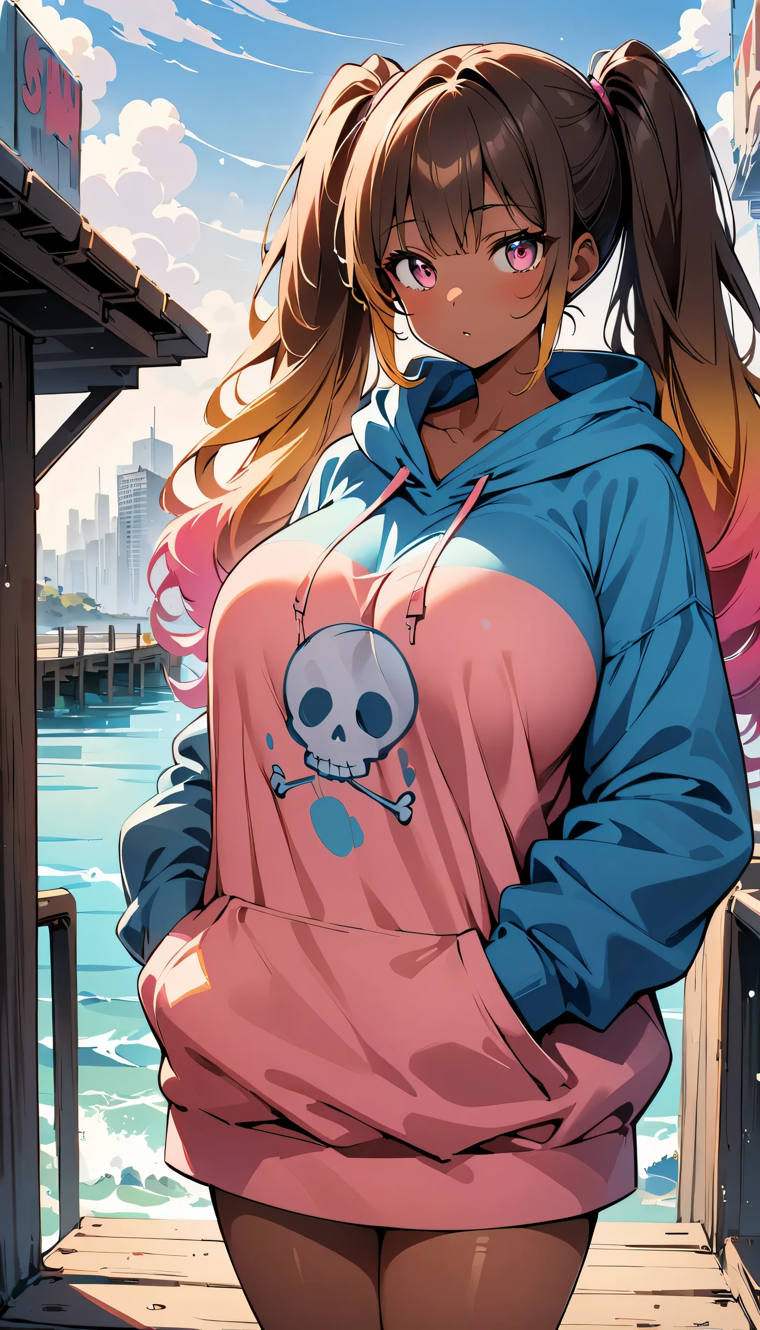 (high quality, 8k, 4K, High Contrast, masterpiece:1.2, 最high quality, Best aesthetics), , one person, Cowboy Shot, Oversized hoodie, Pastel pink and blue hoodie, Half water color, Half pink, ((brown hair)), (yellow hair), (Gradient Hair :1.5), Twin tails, ((Pink Eyes)), Highly detailed eyes, Sunburn, (Dark caramel skin:1.1), (Huge breasts:1.4), Comic book style shading, spray paint effect, cartoon elements, Skeleton illustration, Colorful lettering and illustration of a pier, Urban background.