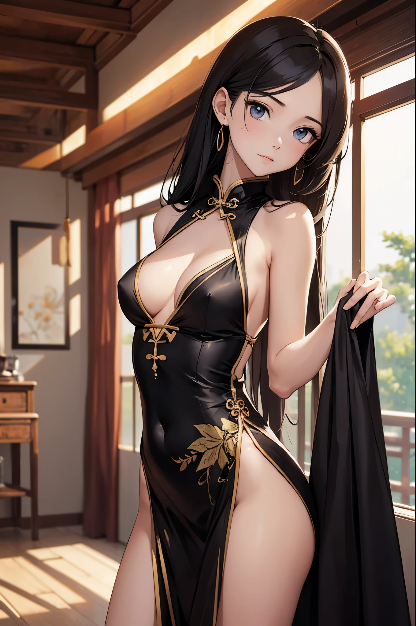 a sexy woman, (best quality), (masterpiece), (1girl), slim, anime, tall, (flat chested), (chinese dress), (protrait)