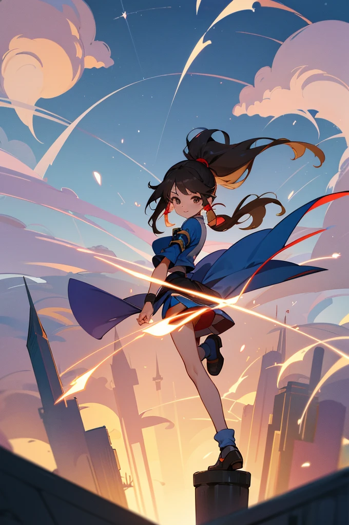 （（Arle Nadja from Puyo Puyo Tsu））、Her paper is brown、She wears light armor on her upper body.、She is wearing a skirt on her lower body.、She has a ponytail、She is standing with her legs spread out、She has magic、Red particle effect、Please enjoy the view of the plateau and towers in the background.、highest quality、High-end quality、Very detailed、Draw a shadow、Full body cut、isometric３D、Octane Rendering、My bangs are blown up by the wind、A vibrant picture