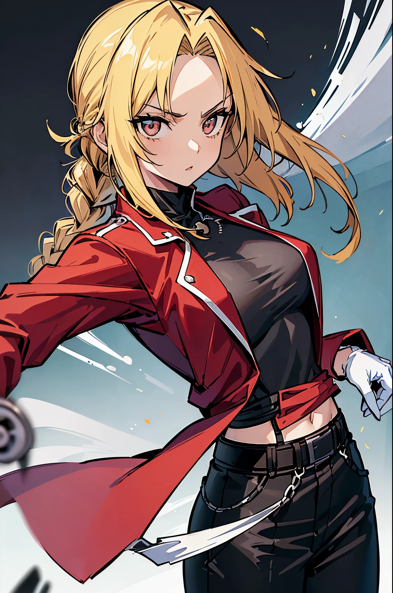 (masterpiece, best quality:1.2), expressive eyes, perfect face, highres, 1girl, solo, (female:1.5), EdwardElricQuiron, a single metallic mechanical arm, white gloves, red jacket, black shirt, long hair, single braid, black pants, standing, upper body, looking at the viewer