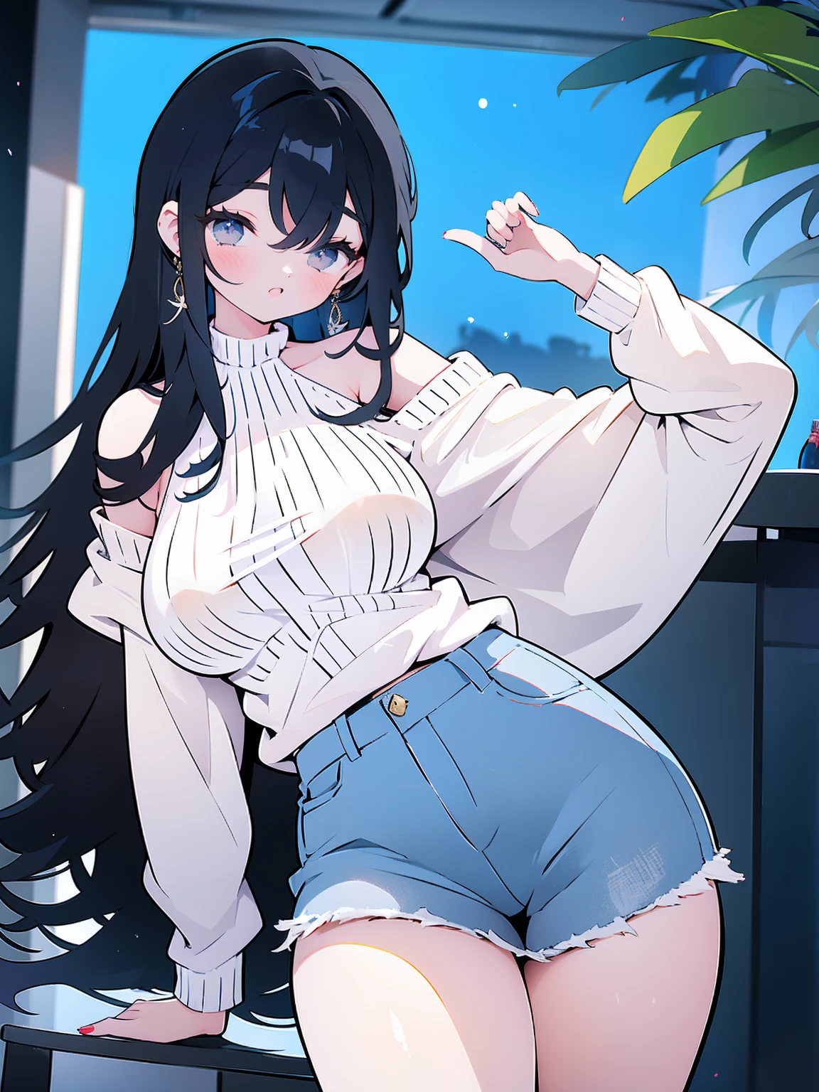 Sexy naked girl with long black hair without bangs and big wearing a white off-shoulder sweater, blue jeans, brincos e pequena bolsa de ombro