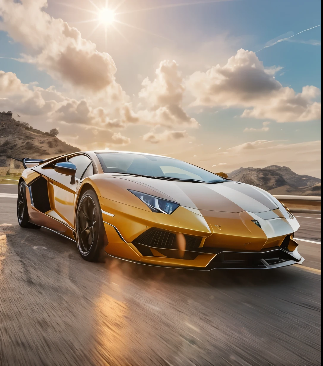 High-resolution photograph depicting a high-speed chase on a city street. sunny day, skyscrapers. The scene is focused on the front view of a powerful colorful sports car lamborghini aventador SVJ, concept design, reflects, sleek, custom paint.