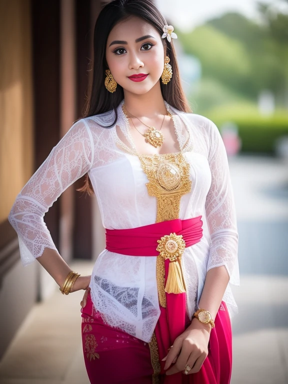 photography, woman, portrait of woman wearing hijab wearing kebaya_bali with white traditional long kebaya, red lipstick, gold necklace, earrings, decoration, detail, flowers, blurred background, soft focus