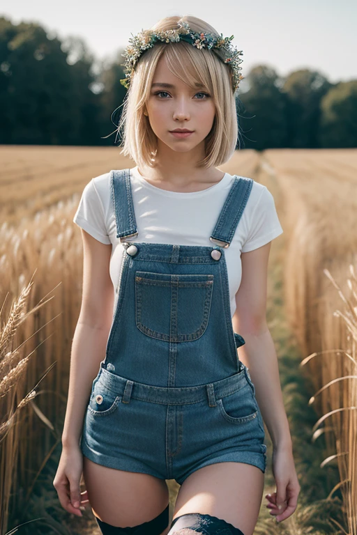 Playful Girl, Blonde hair, long bob ,(in denim overalls ) a wreath on his head walks through a wheat field  , ((Stockings)), beautiful hips and legs, flirting with the camera, skin defect,, natural skin texture, 24 mm, 4K textures, soft cinematic light, Adobe Lightroom, a dark room, HDR, difficult, elegant, very detailed, sharp focus, ((((cinematic look)))), soothing tones, crazy details, difficult details, super detailed, low contrast, soft cinematic light, dull colors, exposure blend, HDR, faded