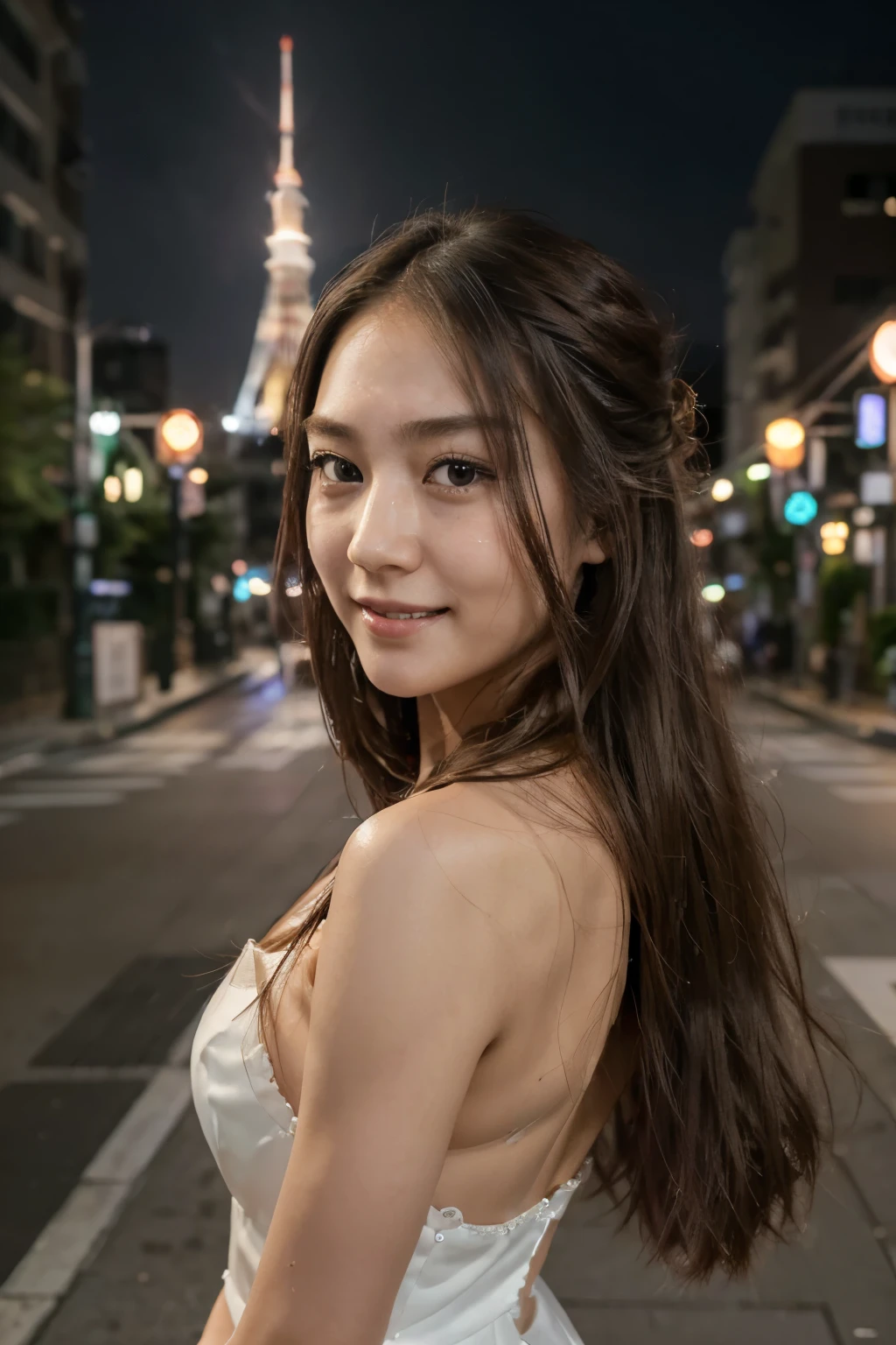 A Japanese ((Best Quality, 8K, Masterpiece:1.3)), Focus:1.2, Perfect Body Beauty:1.4, long Hair, Modern dress, Highly Detailed Face and Skin Texture, Delicate Eyes, Double Eyelids, Whitened Skin, Long Hair, (Round Face: 1.5) Girl smiling picture with The 8k Tokyo Tower Japan Background, Street view, Lightning Night city view Tokyo