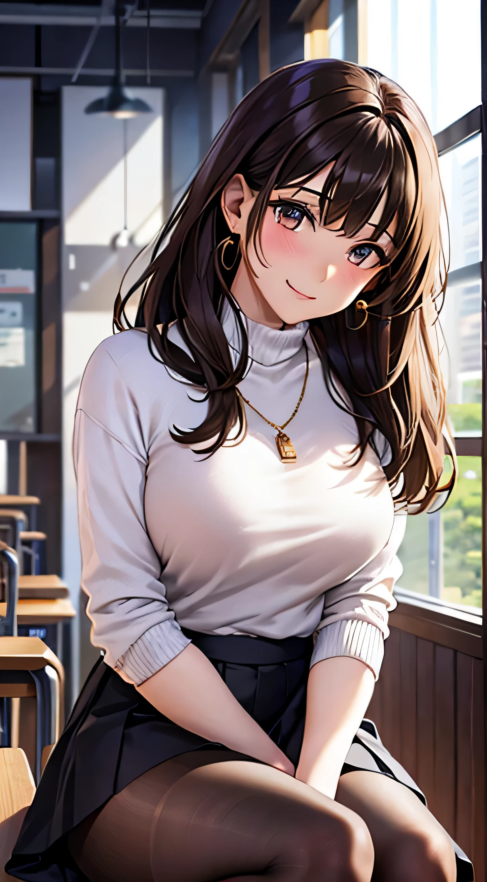 (Tabletop, highest quality, High resolution, , Perfect Pixel, 4K,), 1 girl, single, alone, Beautiful woman、I could see the whole body、 ((Wavy mid-length hair, bangs, brown hair)), ((Brown eyes, Beautiful eyelashes, Realistic eyes)), ((Detailed face, blush:1.2)), ((Smooth texture:0.75, Realistic texture:0.65, Realistic:1.1, Anime CG Style)), Medium chest, Dynamic Angle, Perfect body, ((, female teacher, , Earrings、necklace、White turtleneck sweater、black long flared skirt、Black knee-high stockings、Spread your legs wide、、A shy smile、sit at a desk in the classroom、Touch your breasts with both hands)), Superior、、、evening、、(、、、Angle from below)、