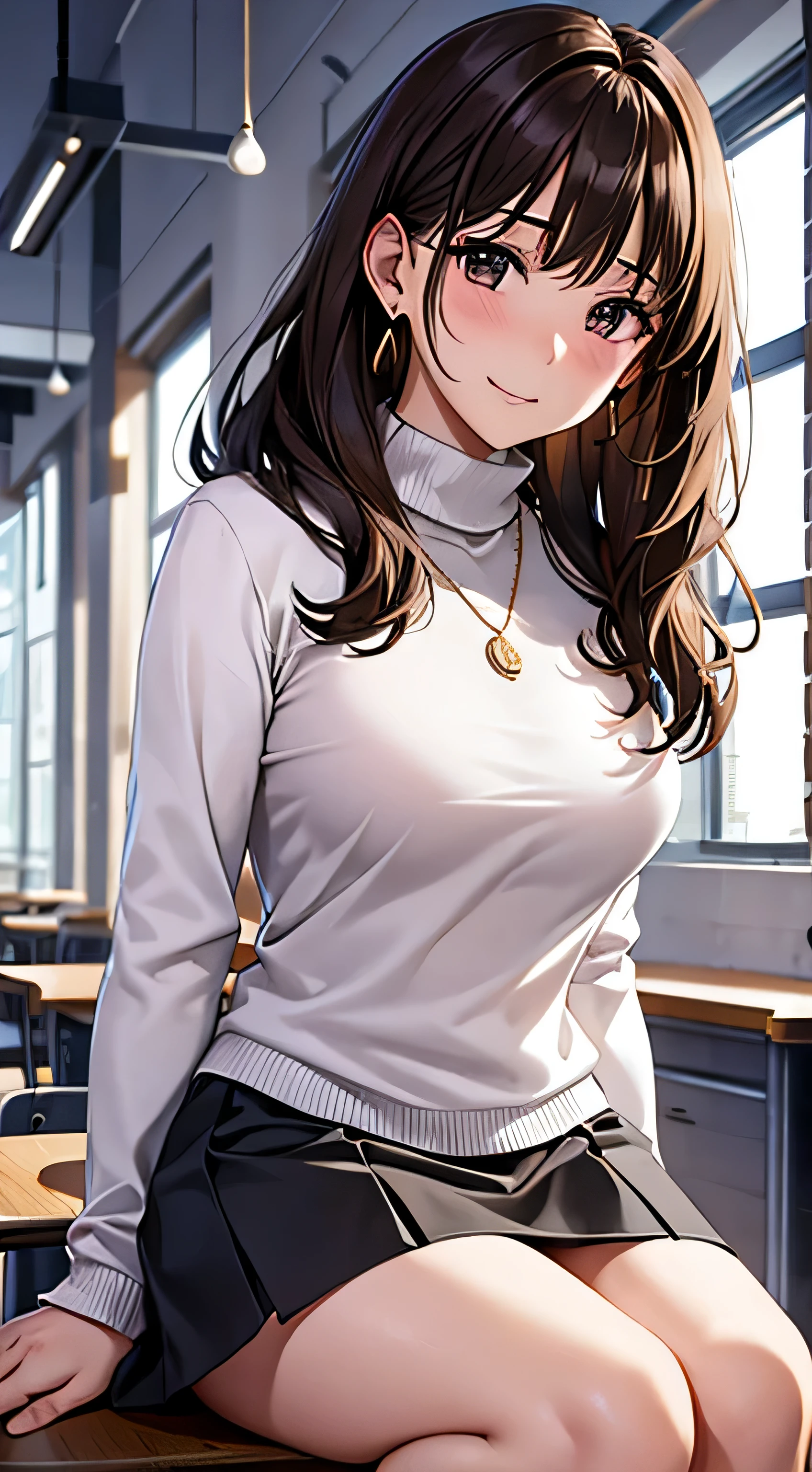 (Tabletop, highest quality, High resolution, , Perfect Pixel, 4K,), 1 girl, single, alone, Beautiful woman、I could see the whole body、 ((Wavy mid-length hair, bangs, brown hair)), ((Brown eyes, Beautiful eyelashes, Realistic eyes)), ((Detailed face, blush:1.2)), ((Smooth texture:0.75, Realistic texture:0.65, Realistic:1.1, Anime CG Style)), Medium chest, Dynamic Angle, Perfect body, ((, female teacher, , Earrings、necklace、White turtleneck sweater、black long flared skirt、Black knee-high stockings、Spread your legs wide、、A shy smile、sit at a desk in the classroom、Touch your breasts with both hands)), Superior、、、evening、、(、、、Angle from below)、