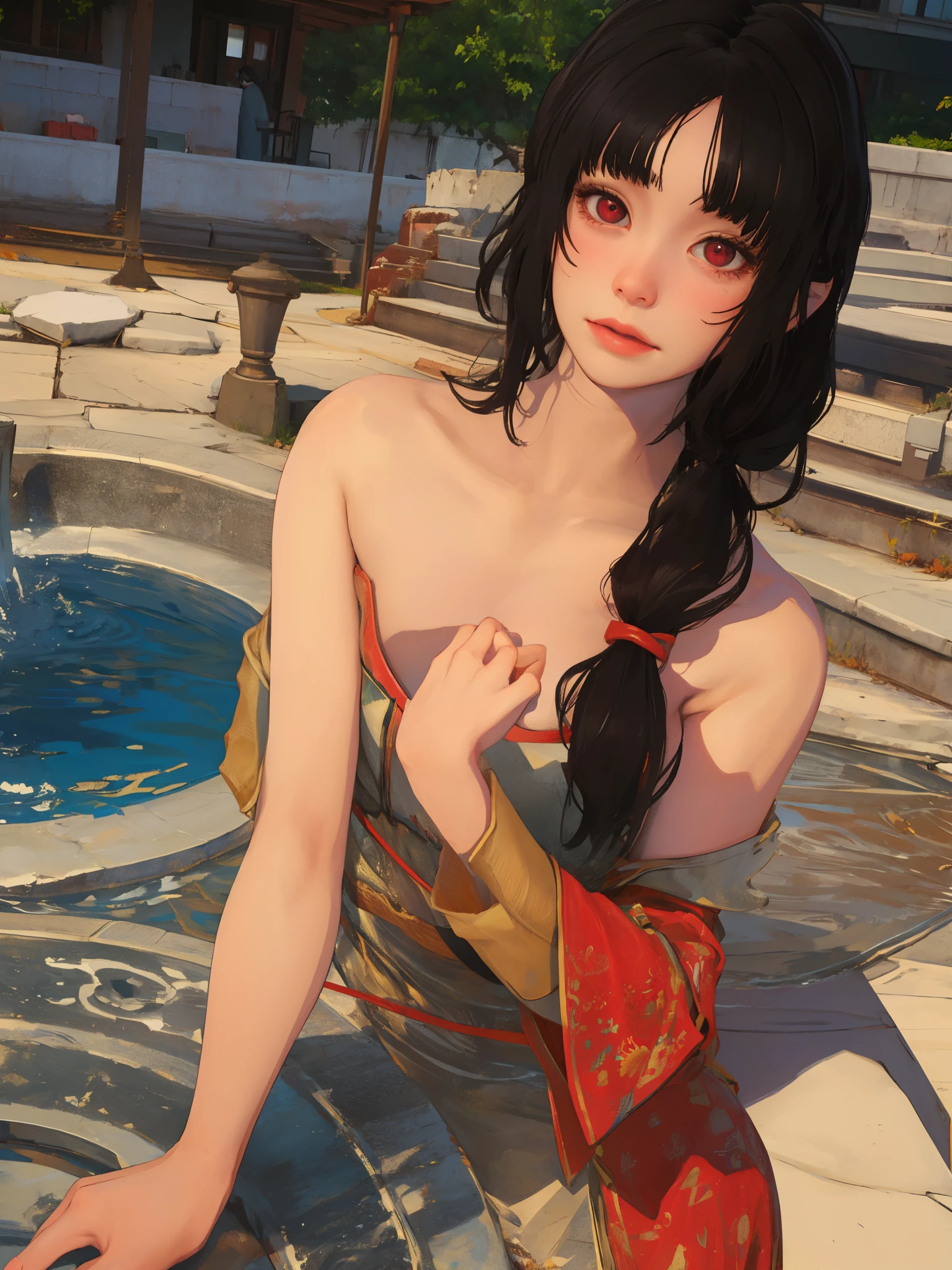 (Biologically correct limb count)、(Full body, including face:2)、4K、masterpiece、Focus on the face、Well-proportioned facial features、Delicate descriptive eyes、Beautiful woman、Excellent style、(head band、red gothic dress、High heels)、(smile)、(Close-up photo of the upper body)、look up、Photos with white borders、Looking into the camera、Standing on the surface of the water、