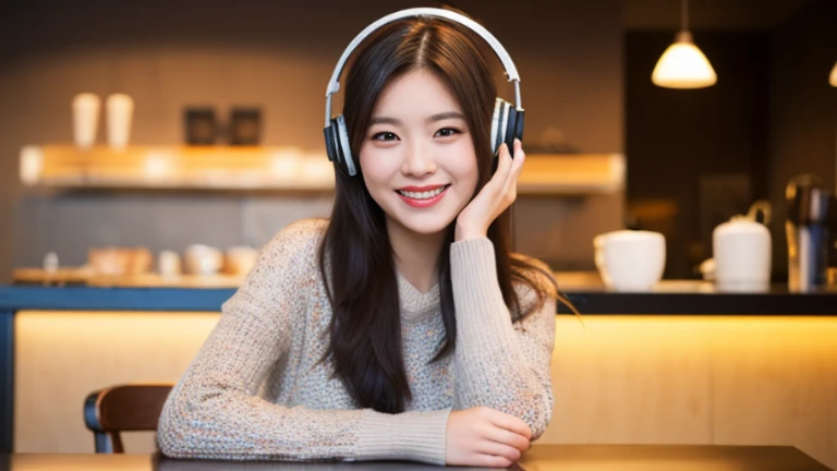 There is a woman sitting at a desk wearing headphones., detailed 3D, Background artwork, Atei Gailan 8K, Just a joke, A big smile, nice, nice, The best smug face, Smiling woman, Big smile, Smile with confidence, nice, Attractive girl, Big smile, She smiled happily, Smile with confidence, Pose of Satisfaction, dramatic smiling pose(highest quality、8k、32k、masterpiece、Photorealistic:1.4、Hmph:1.2)、Cute Japanese Women Photos、Coffee cup in her hand 、Face Focus、Extra Large_sweater、necklace、Simple Background、From above、Looking at the audience、A balanced body, coffee cafe, Coffee in front of her, Cute Smile, Coffee cup, Sit at the table, Super detailed, Ultra-realistic expression, Lively café, Coffee cafe customer、Radio DJ