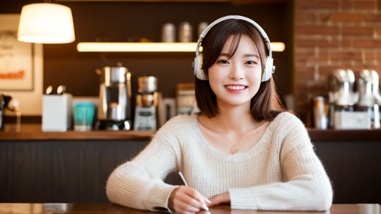 There is a woman sitting at a desk wearing headphones., detailed ３D, Background artwork, Atei Gailan 8K, Just a joke, A big smile, nice, nice, The best smug face, Smiling woman, Big smile, Smile with confidence, nice, Attractive girl, Big smile, She smiled happily, Smile with confidence, Pose of Satisfaction, dramatic smiling pose(highest quality、8k、32k、masterpiece、Photorealistic:1.4、Hmph:1.2)、Cute Japanese Women Photos、Coffee cup in her hand 、Face Focus、Extra Large_sweater、necklace、Simple Background、From above、Looking at the audience、A balanced body, coffee cafe, Coffee in front of her, Cute Smile, Coffee cup, Sit at the table, Super detailed, Ultra-realistic expression, Lively café, Coffee cafe customer、Radio DJ