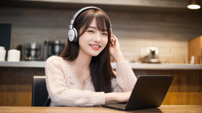 There is a woman sitting at a desk wearing headphones., detailed 3D, Background artwork, Atei Gailan 8K, Just a joke, A big smile, nice, nice, The best smug face, Smiling woman, Big smile, Smile with confidence, nice, Attractive girl, Big smile, She smiled happily, Smile with confidence, Pose of Satisfaction, dramatic smiling pose(highest quality、8k、32k、masterpiece、Photorealistic:1.4、Hmph:1.2)、Cute Japanese Women Photos、Coffee cup in her hand 、Face Focus、Extra Large_sweater、necklace、Simple Background、From above、Looking at the audience、A balanced body, coffee cafe, Coffee in front of her, Cute Smile, Coffee cup, Sit at the table, Super detailed, Ultra-realistic expression, Lively café, Coffee cafe customer、Radio DJ