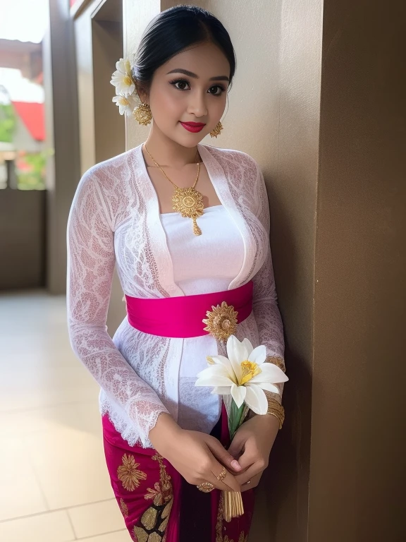 photography, woman, portrait of woman wearing hijab wearing kebaya_bali with white traditional long kebaya, red lipstick, gold necklace, earrings, decoration, detail, flowers, blurred background, soft focus