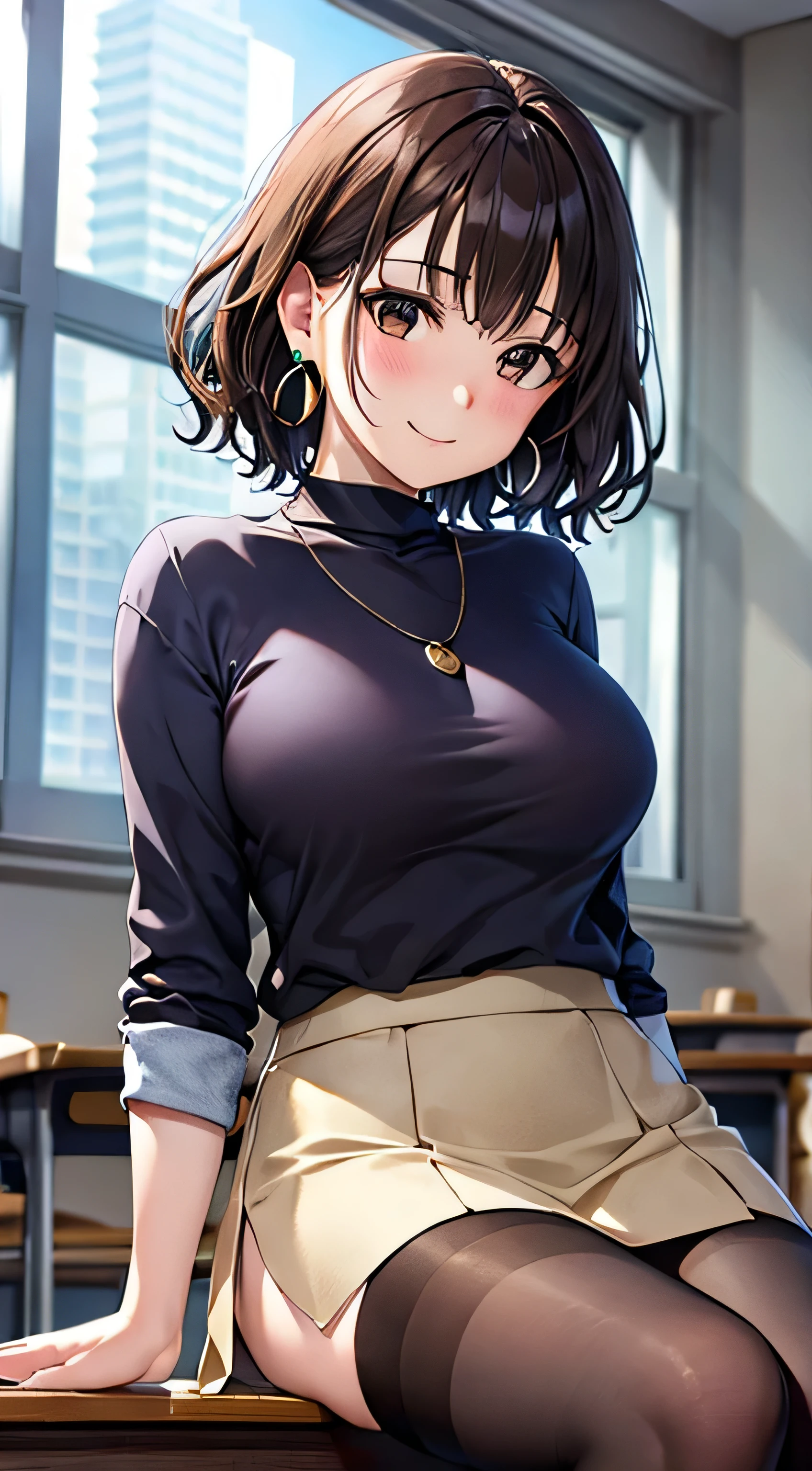 (Tabletop, highest quality, High resolution, , Perfect Pixel, 4K,), 1 girl, single, alone, Beautiful woman、I could see the whole body、 ((Wavy short hair, bangs, brown hair)), ((Brown eyes, Beautiful eyelashes, Realistic eyes)), ((Detailed face, blush:1.2)), ((Smooth texture:0.75, Realistic texture:0.65, Realistic:1.1, Anime CG Style)), Medium chest, Dynamic Angle, Perfect body, ((, female teacher, , Earrings、necklace、White turtleneck sweater、black long flared skirt、Black knee-high stockings、Spread your legs wide、、A shy smile、sit at a desk in the classroom、Touch your breasts with both hands)), Superior、、、evening、、(、、、Angle from below)、