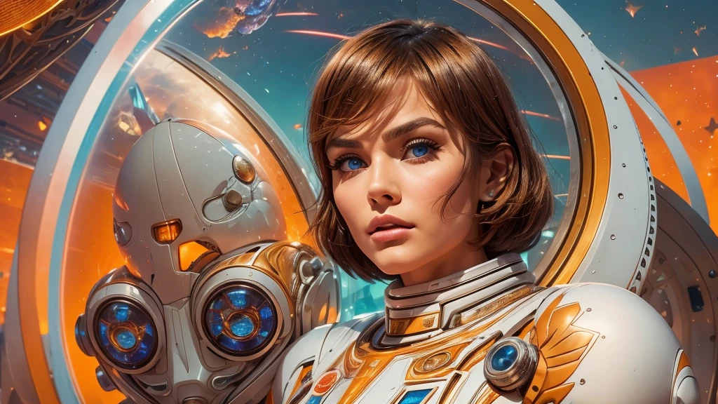arafed image of a white woman in a futuristic suit with a spaceship in the background, movie art, in front of an orange background, inspired by Robert McGinnis, female protagonist, megastructure in the background, portrait of an ai astronaut, astronauts, an astronaut, portrait of a astronaut skeletor, perfect android girl, detailed eyes, perfectly detailed teeth, frank franzzeta and sakimichan  