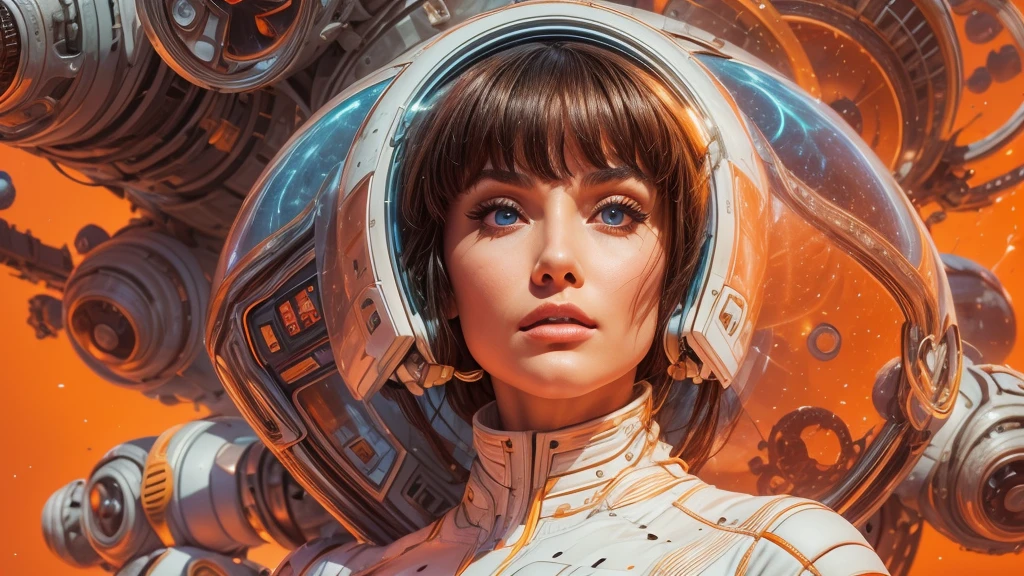 arafed image of a white woman in a futuristic suit with a spaceship in the background, movie art, in front of an orange background, inspired by Robert McGinnis, female protagonist, megastructure in the background, portrait of an ai astronaut, astronauts, an astronaut, portrait of a astronaut skeletor, perfect android girl, detailed eyes, perfectly detailed teeth, frank franzzeta and sakimichan